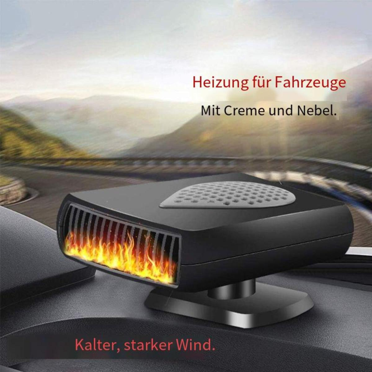 Schwarze Autoheizung mit Flammen. Text: 'Heizung für Fahrzeuge' und 'Kalter, starker Wind'.