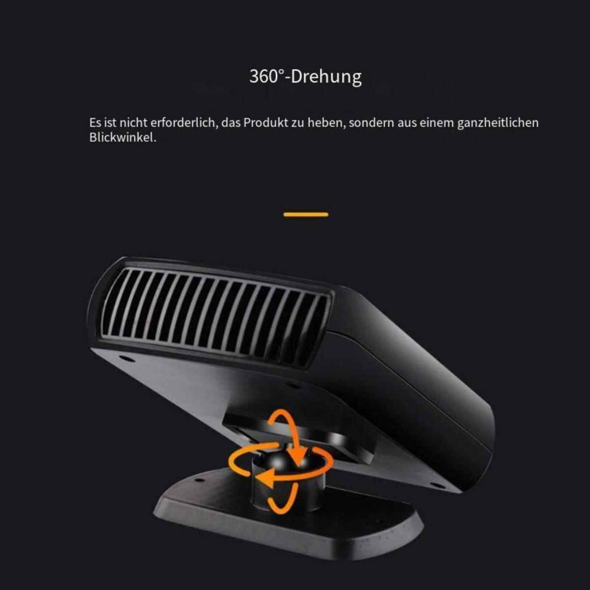 Eine schwarze Autoheizung auf einem Ständer. Text darüber lautet: '360° Drehung'.