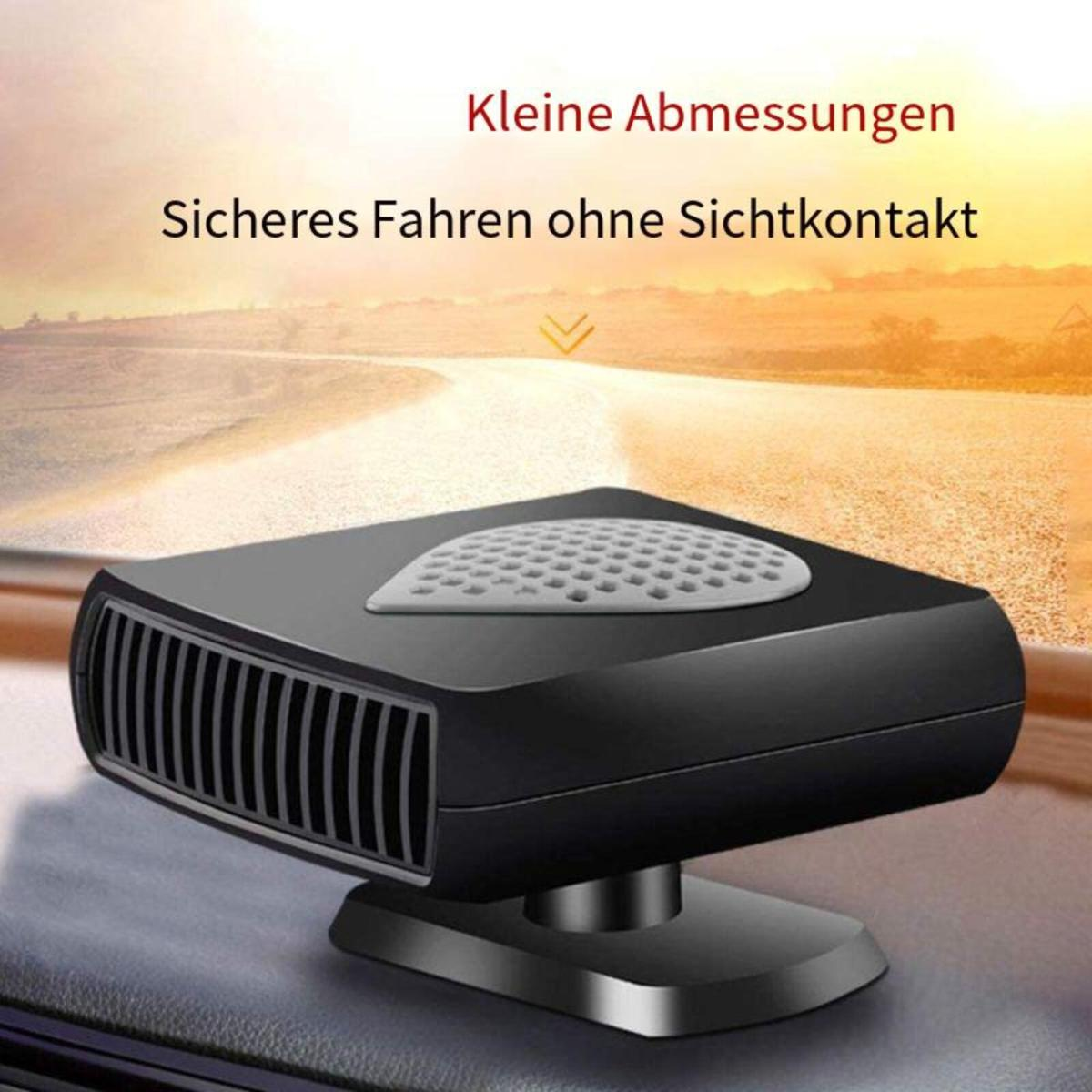 Schwarze Autoheizung auf einem Armaturenbrett, Text auf Deutsch.