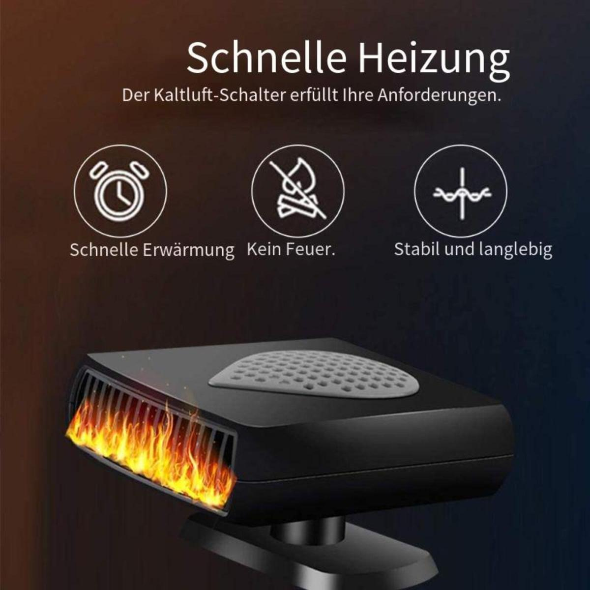 Ein schwarzer Heizlüfter mit Flammen und Symbolen für schnelles Heizen, kein Feuer und Langlebigkeit.