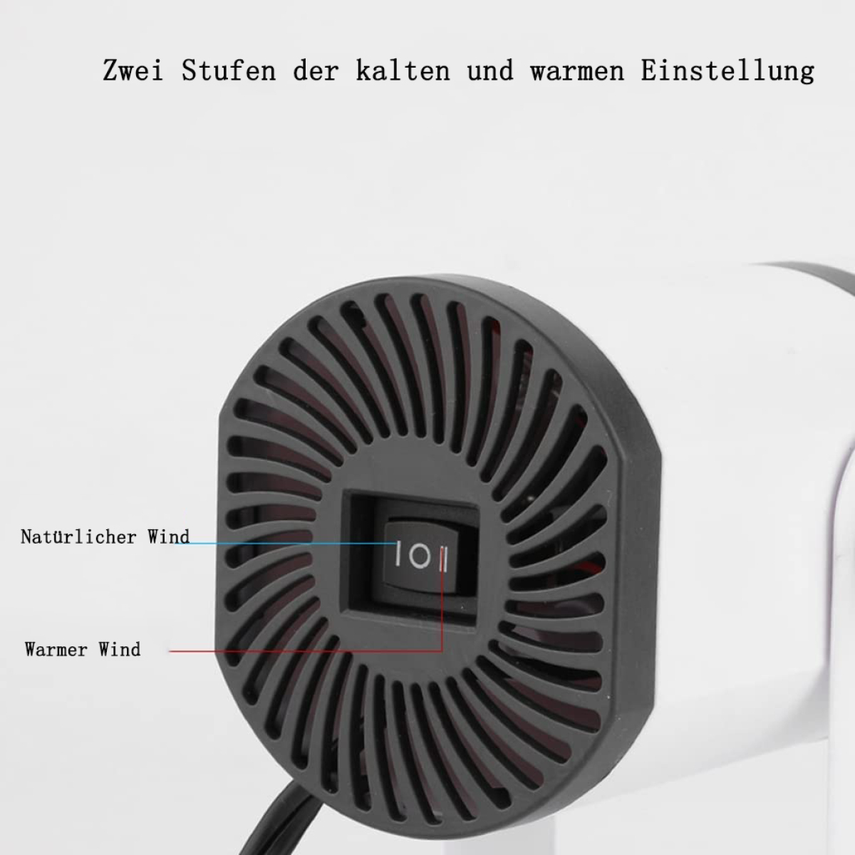 Nahaufnahme eines Heizgeräts mit Schalter, gekennzeichnet für natürliche und warme Windeinstellungen.
