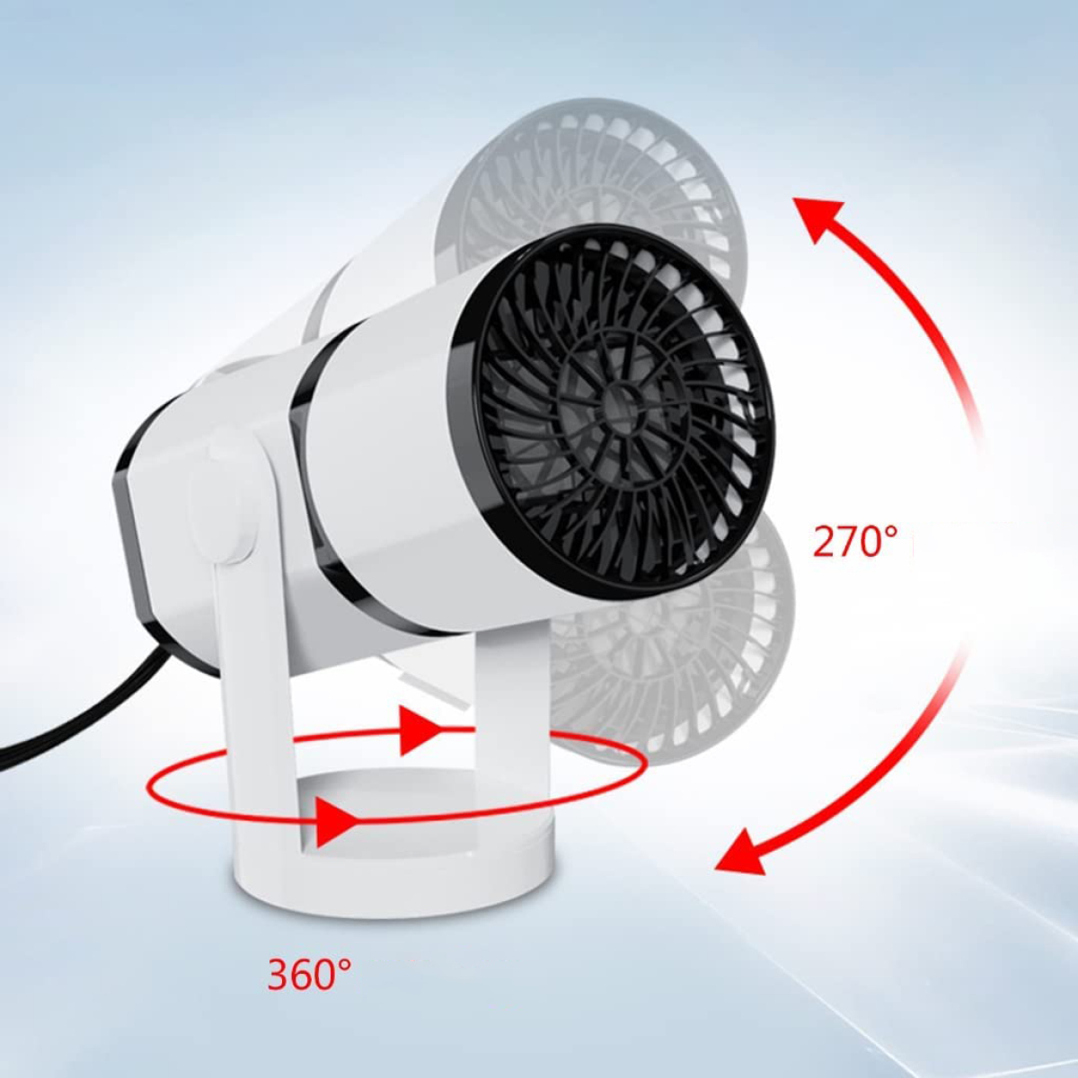 Weißer tragbarer Ventilator. Der Ventilator dreht sich horizontal um 360 Grad und vertikal um 270 Grad, durch Pfeile angezeigt.