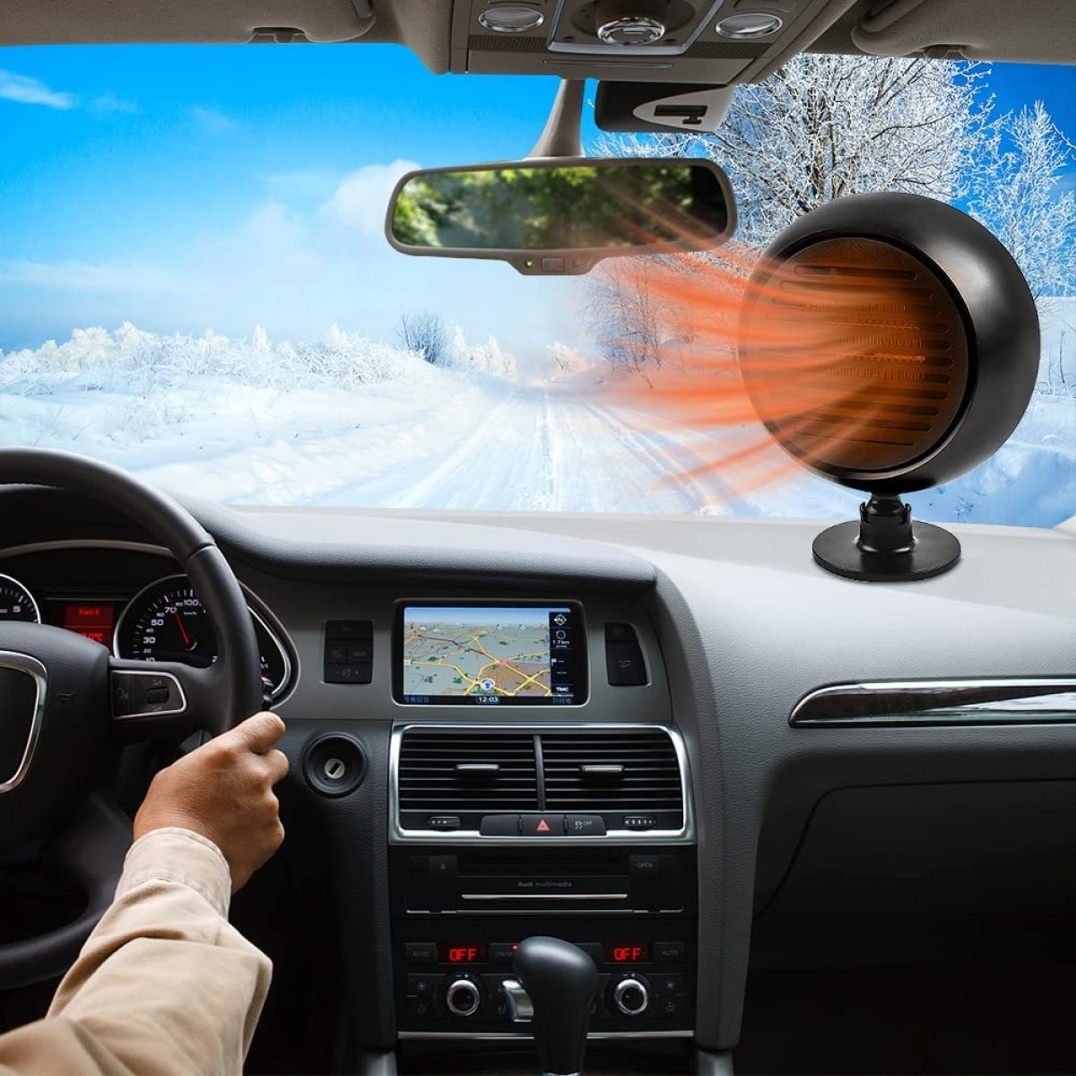 Autointerieur mit Armaturenbrett, Blick durch die Windschutzscheibe und Heizung.