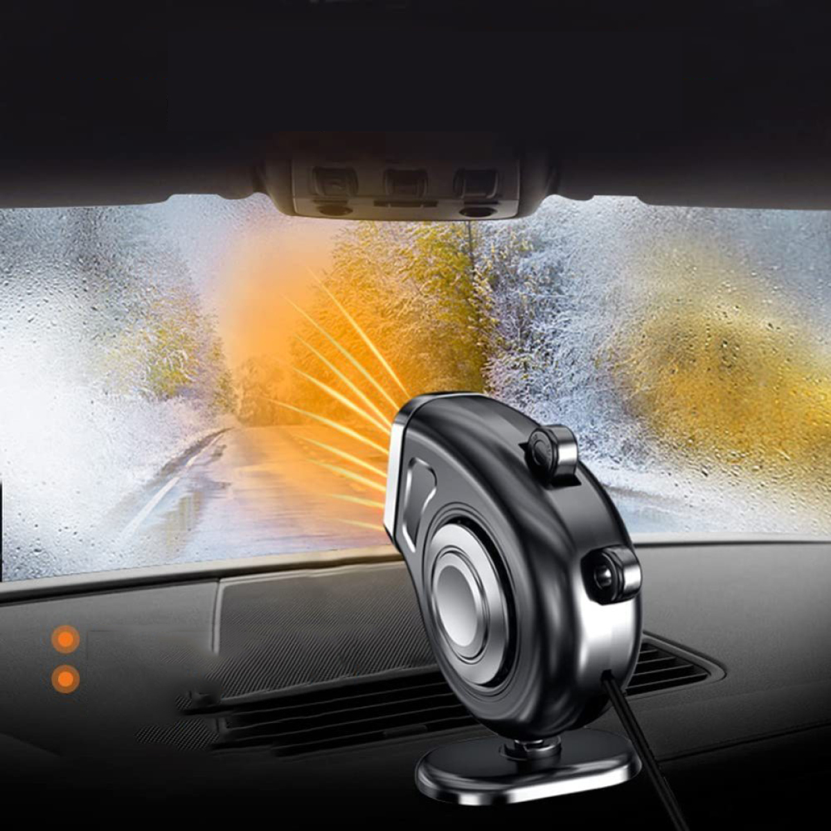 Schwarze Auto-Luftdüse mit orangefarbenem Glühen. Bild zeigt einen Innenraum und eine Schneeszene draußen.