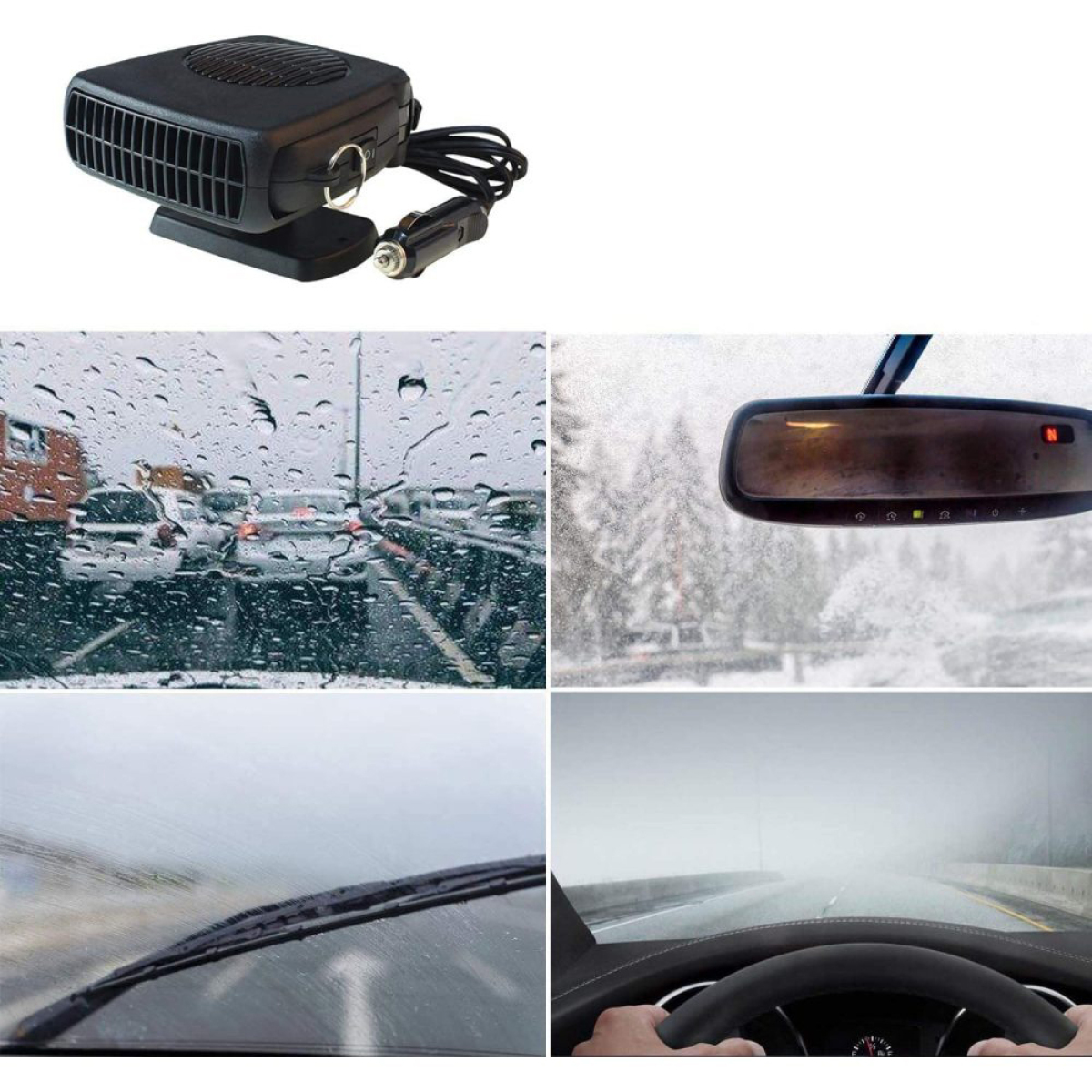 Verschiedene Bilder zeigen Autozubehör bei unterschiedlichen Wetterbedingungen. Heizung, Regen, Schnee und Nebel.