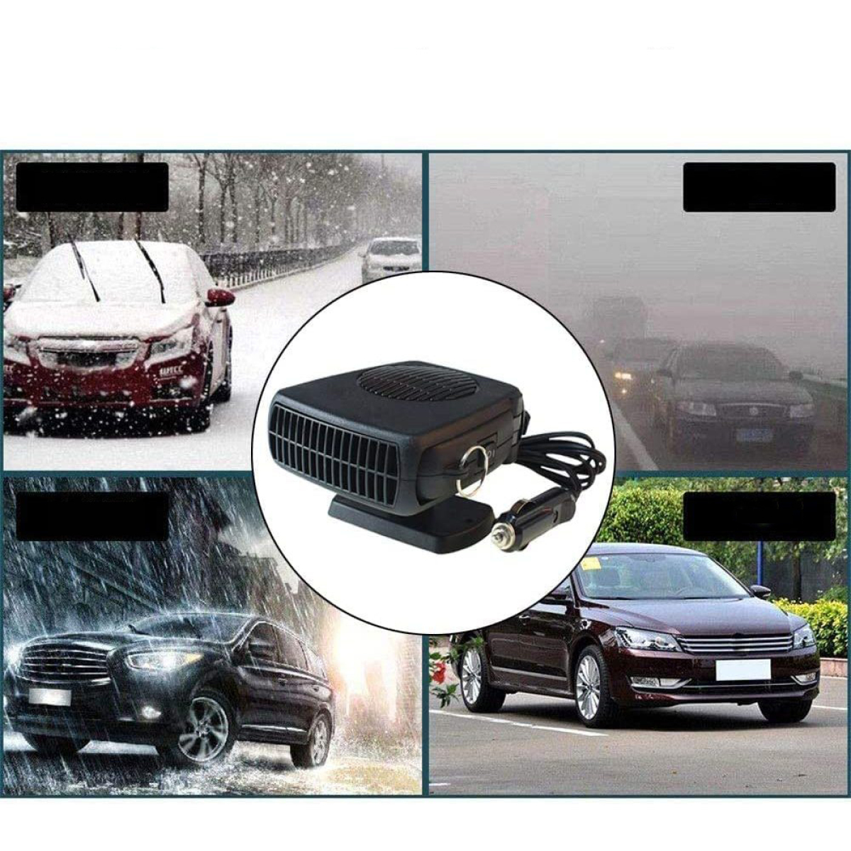Eine Autoheizung mit mehreren Bildern von Autos bei verschiedenen Wetterbedingungen.