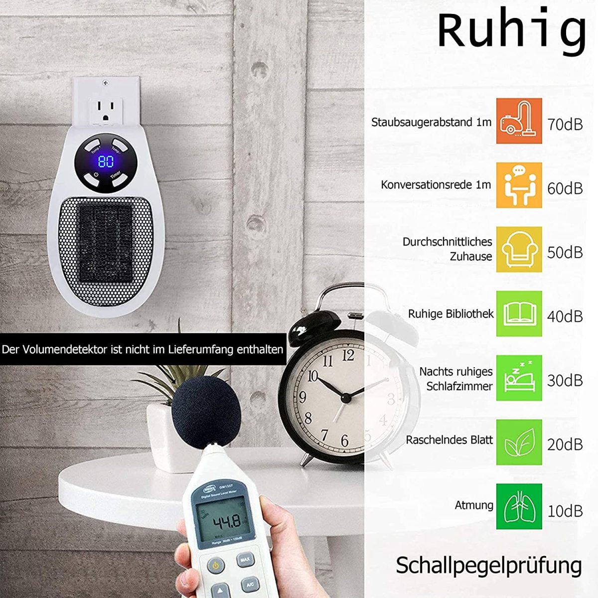 Ein weißes Gerät an einer Wand. Es zeigt Schallpegel, eine Uhr und Geräuschpegelanzeigen.