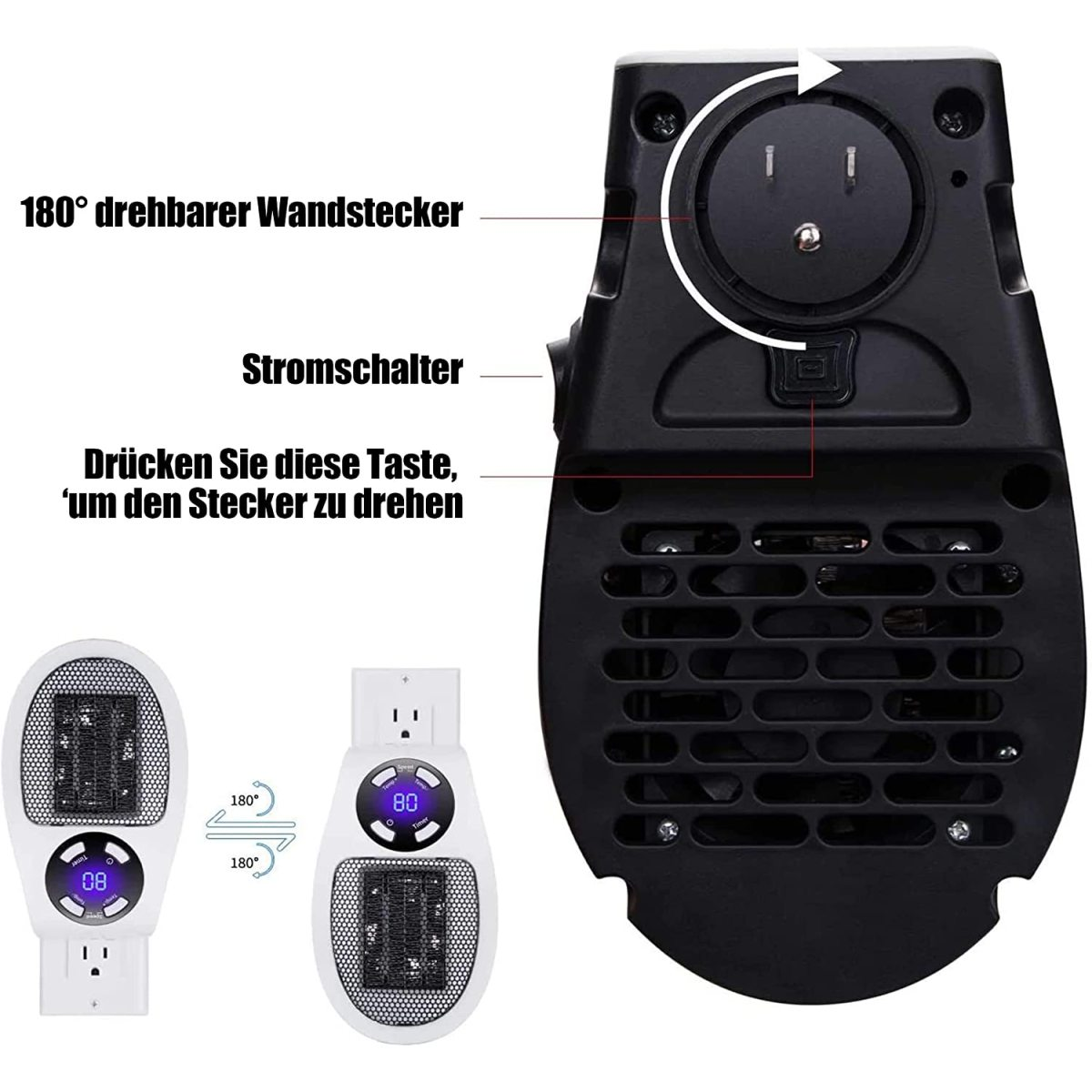 Tragbarer Heizlüfter mit Beschriftungen. Zeigt den Stecker, den Netzschalter und wie man den Stecker dreht.