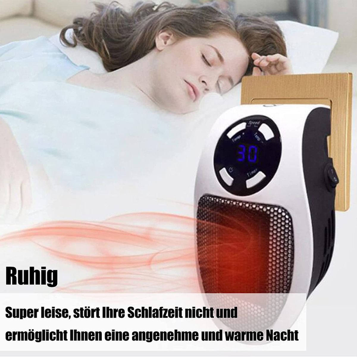 Eine Frau schläft neben einem kleinen Heizgerät, das an der Wand steckt. Text sagt 'Ruhig' und 'angenehme Nacht'.