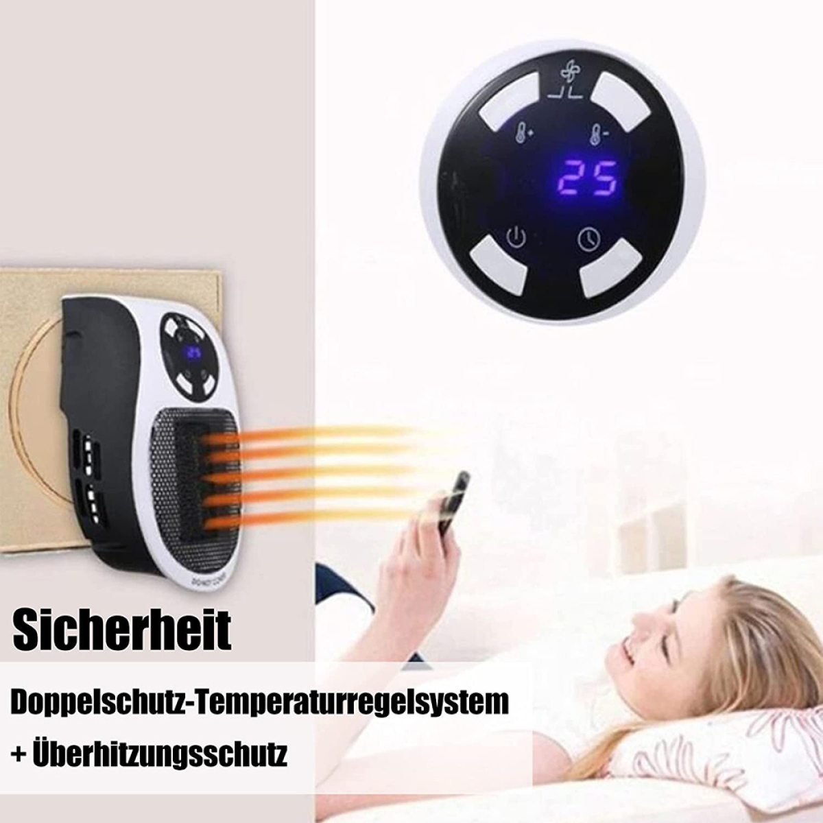 Ein kleiner Heizlüfter in der Wand, eine Person entspannt auf einem Sofa und eine Fernbedienung.