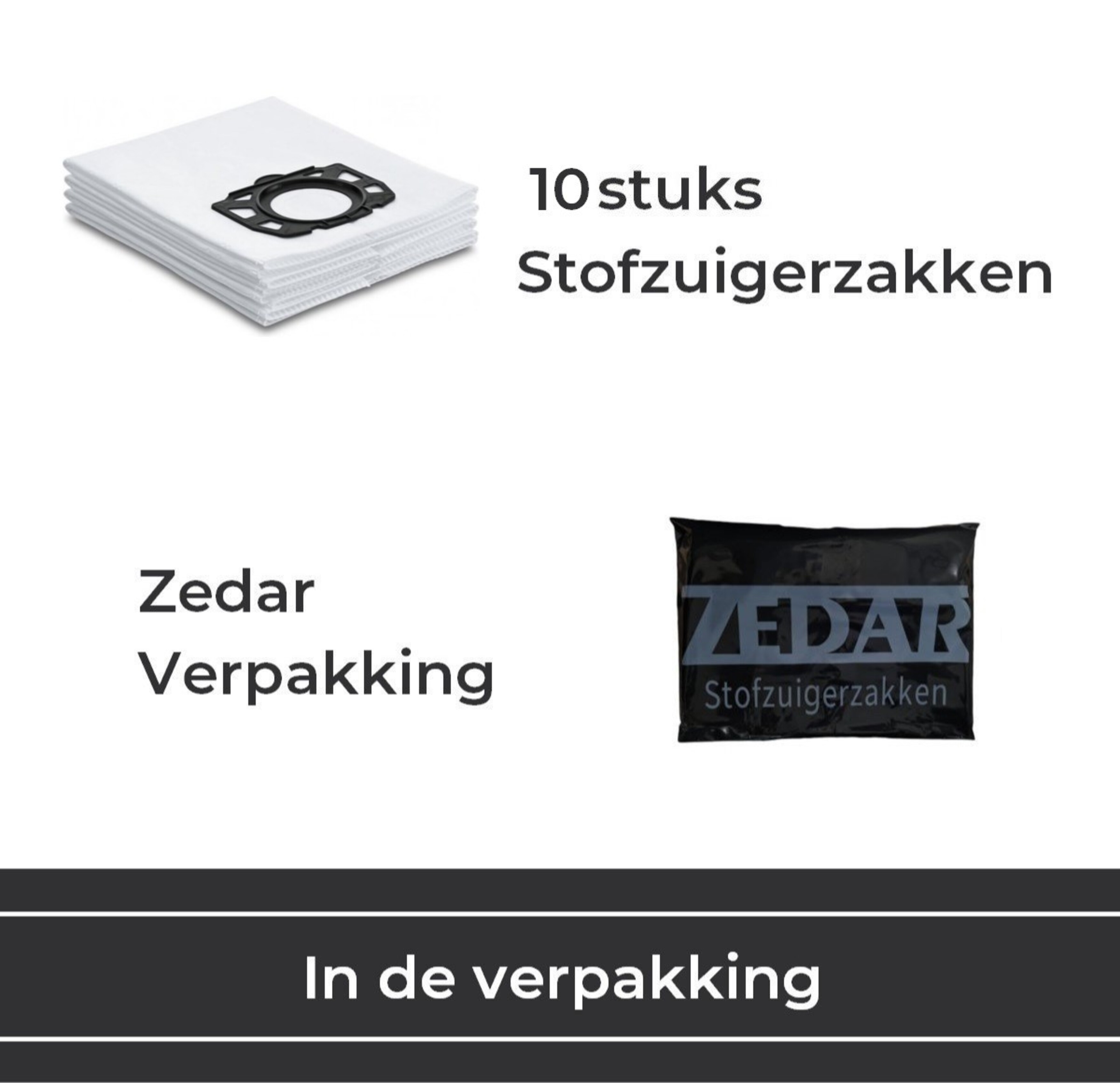 Stofzuigerzakken, een stapel witte zakken en een zwarte zak met de tekst ZEDAR.