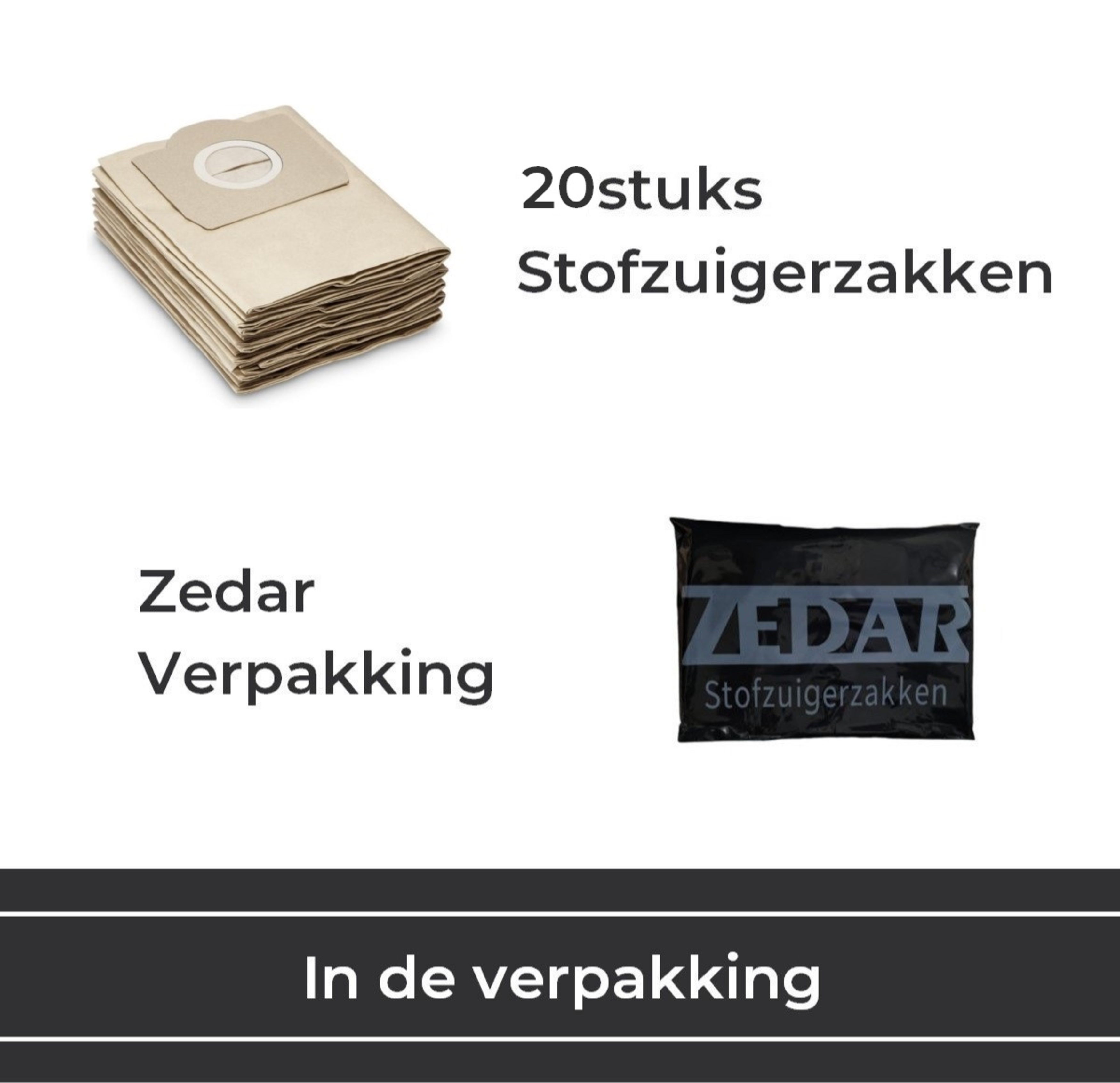 Twee verpakkingen stofzuigerzakken. Eén is beige en opgestapeld, de andere is zwart met een Zedar-label.