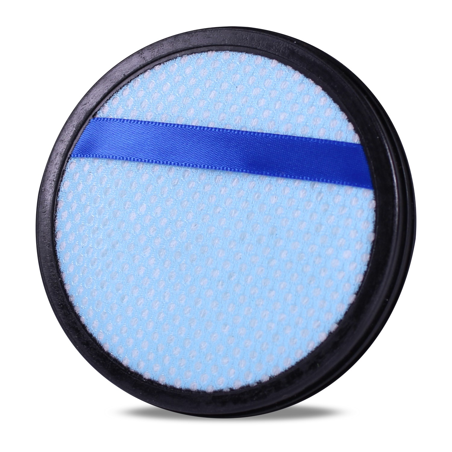 Runder blauer Puderquaste mit schwarzem Rand und blauem Band, isoliert auf Weiß.