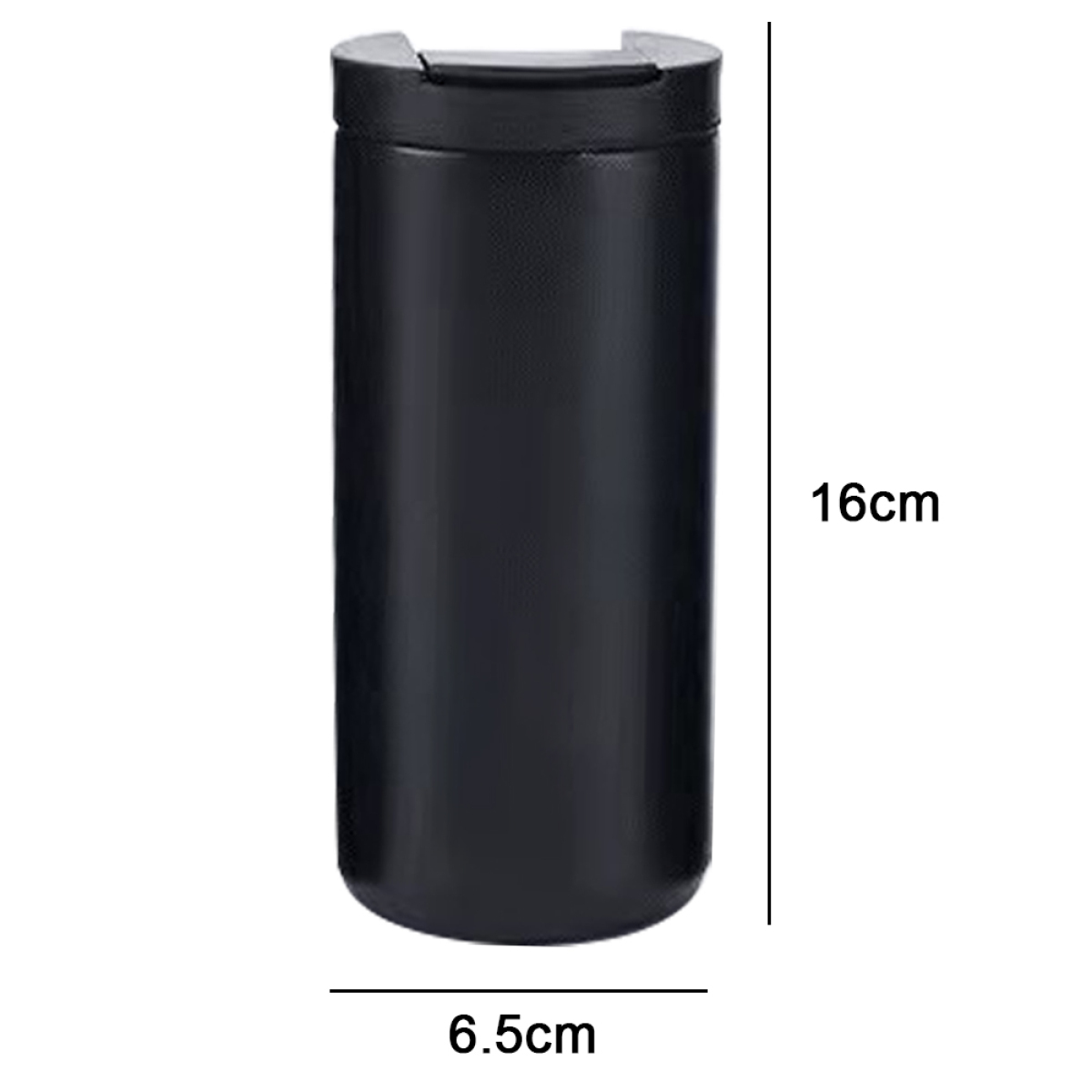 Eine schwarze, zylindrische Thermosflasche mit Schraubverschluss. Die Flasche ist 16 cm hoch und 6,5 cm breit.