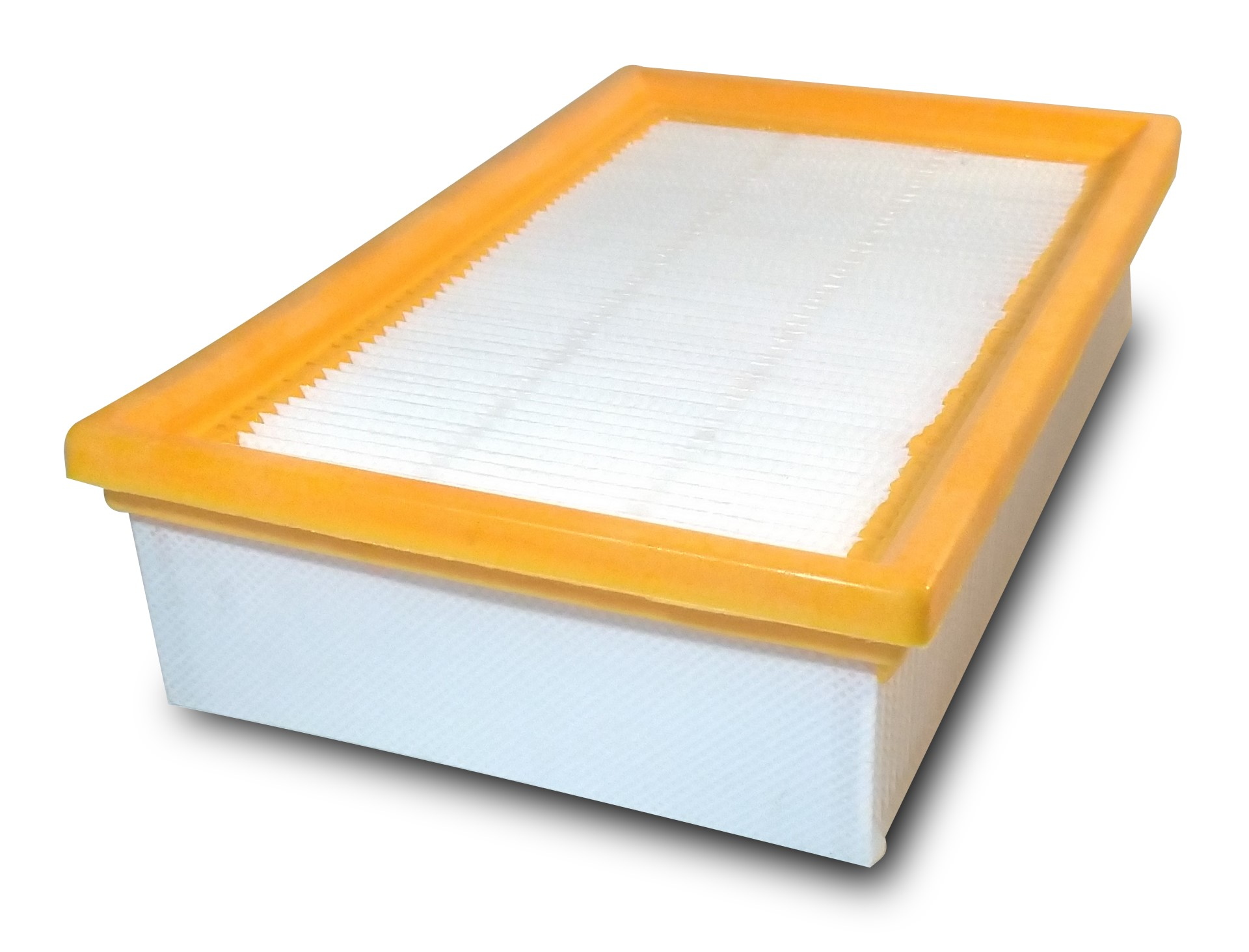 Ein rechteckiger Luftfilter mit gelbem Rahmen und weißem, plissiertem Filtermaterial.