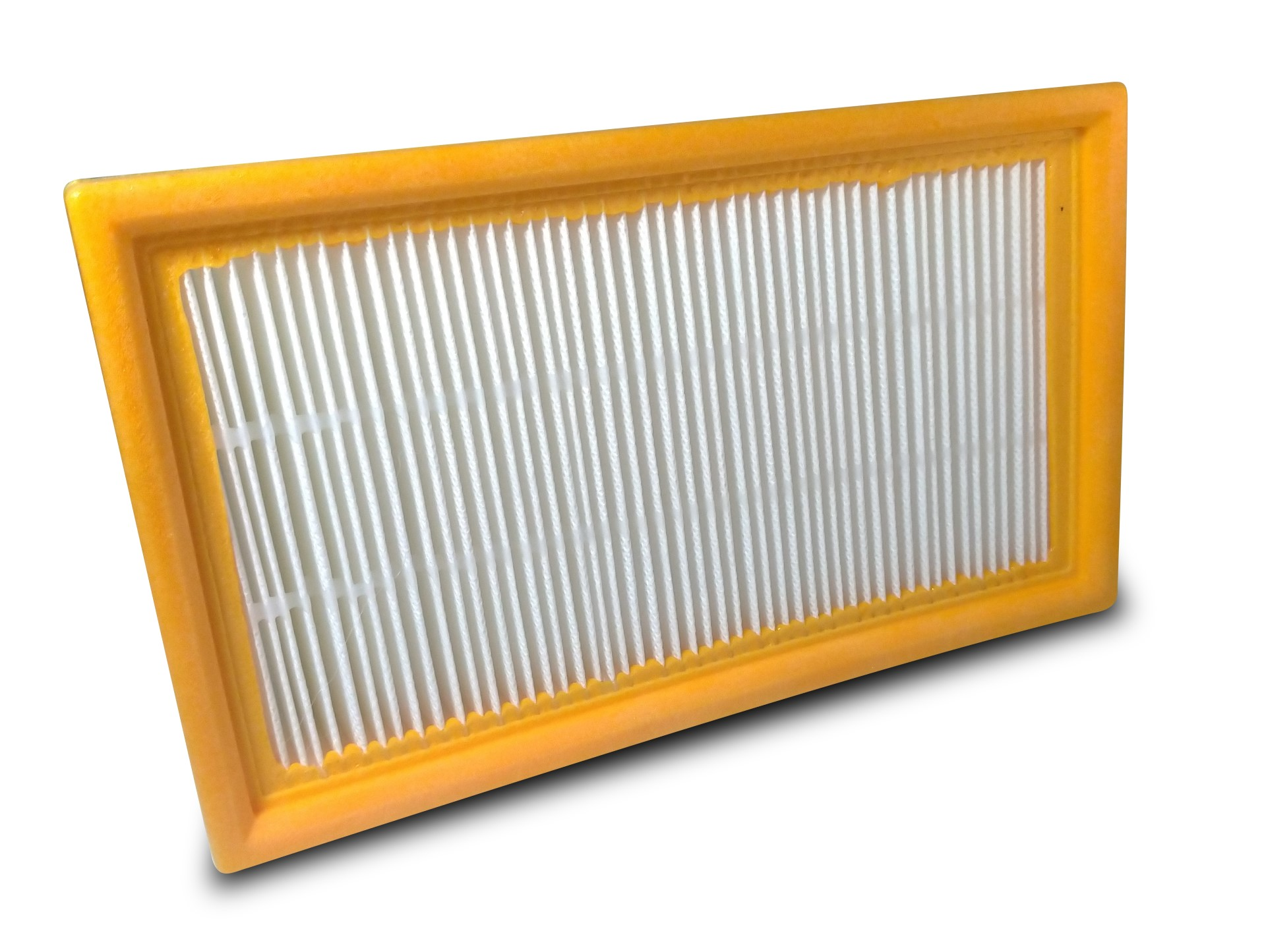 Ein rechteckiger Luftfilter mit gelbem Rahmen und weißem, plissiertem Filtermaterial.