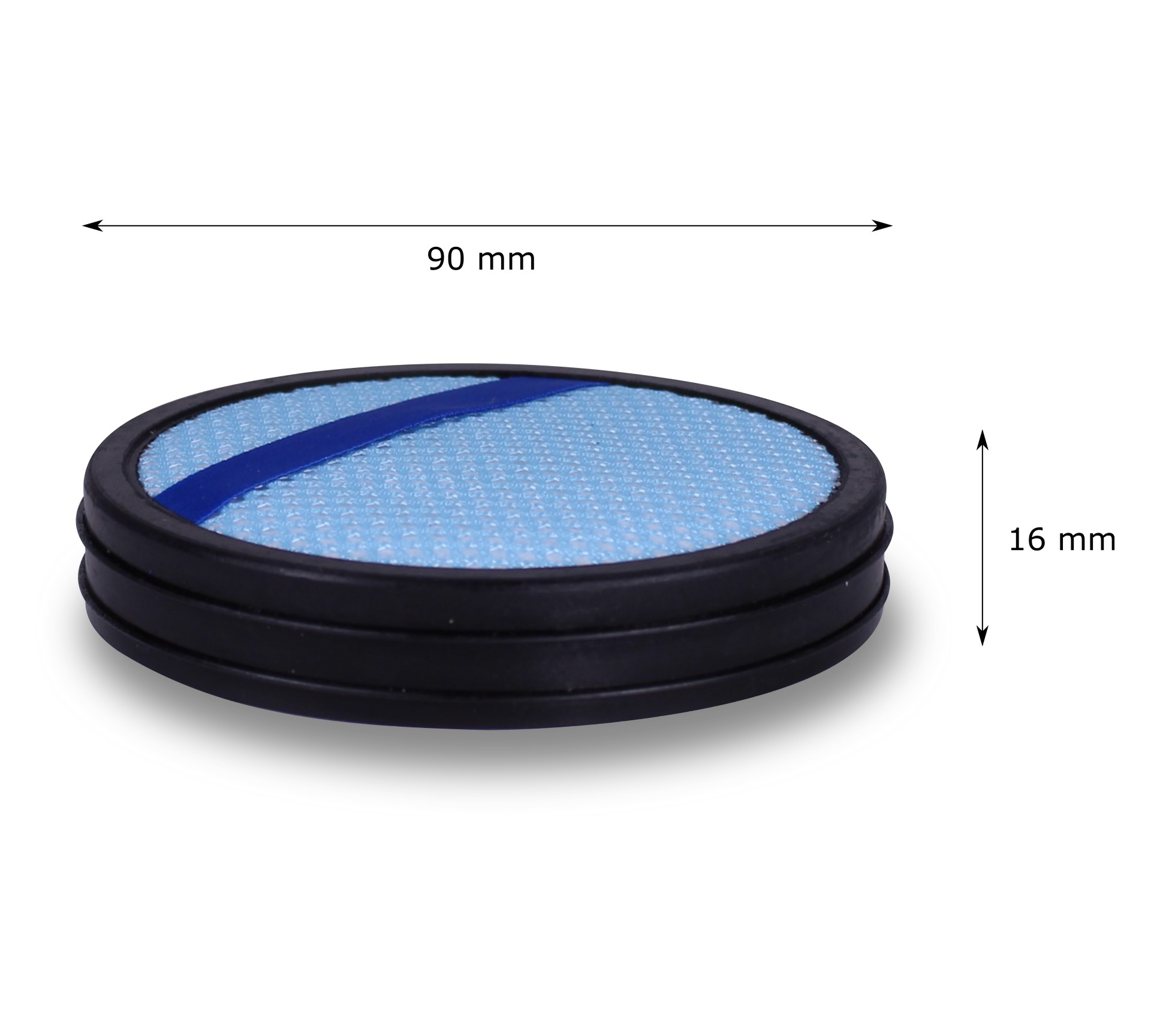 Ein runder, blau-schwarzer Make-up-Schwamm mit 90 mm und 16 mm Maßen.