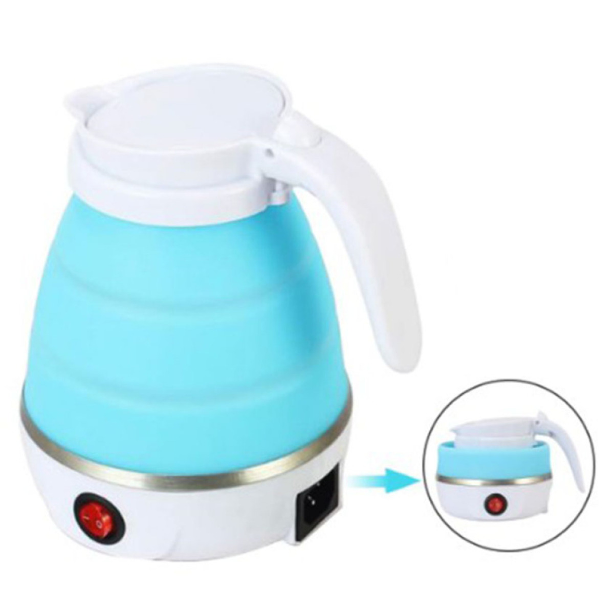 Ein blau-weißer, zusammenklappbarer Wasserkocher mit abnehmbarem Netzkabel.