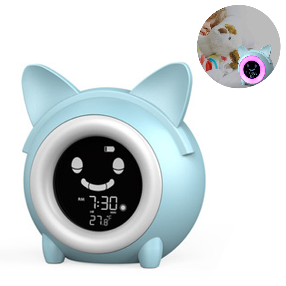 Ein blauer, katzenförmiger Wecker mit Smiley-Gesicht-Display und kleinem inset-Bild.