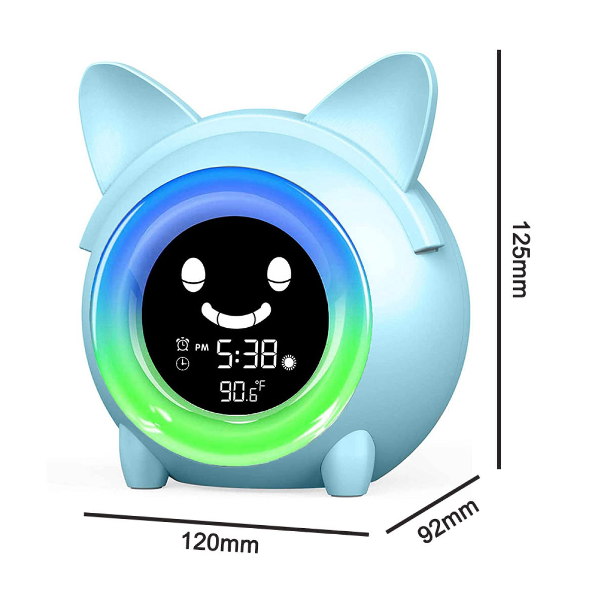 Ein blauer katzenförmiger Wecker mit Digitalanzeige für Zeit und Temperatur.