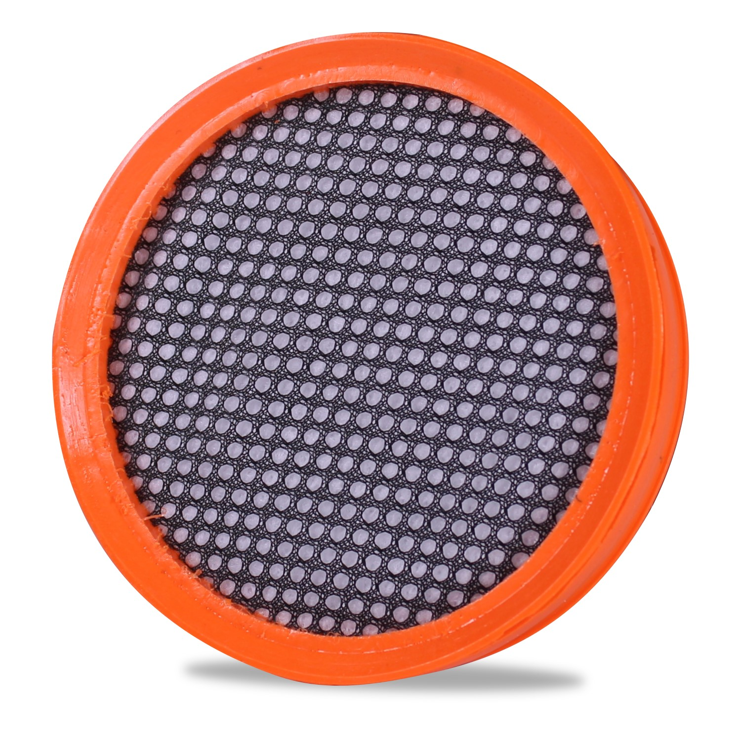 Ein orangefarbener Luftfilter mit einem schwarzen Netz im Inneren.
