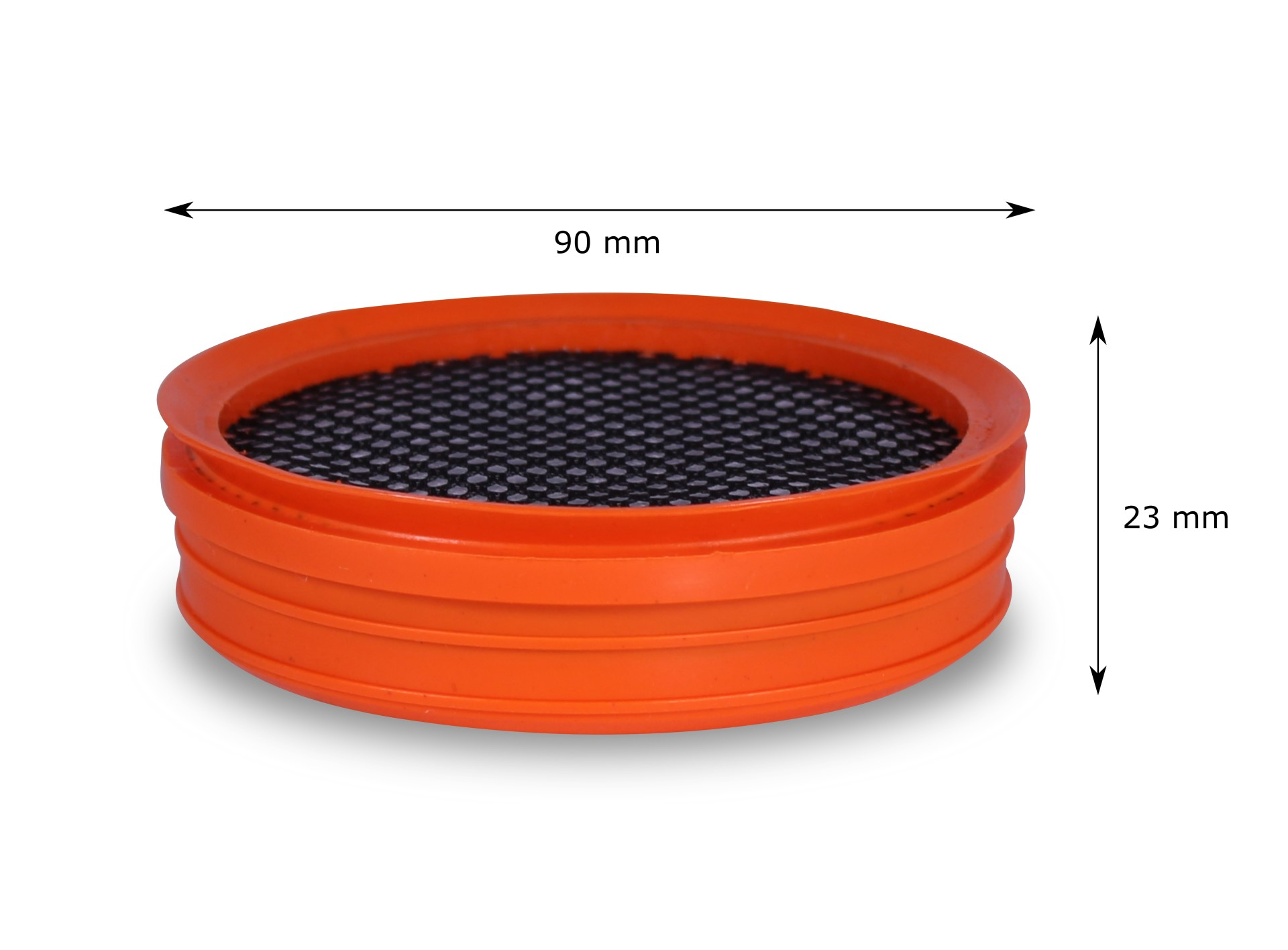 Ein orangefarbener Netzfilter mit in Millimetern beschrifteten Abmessungen.
