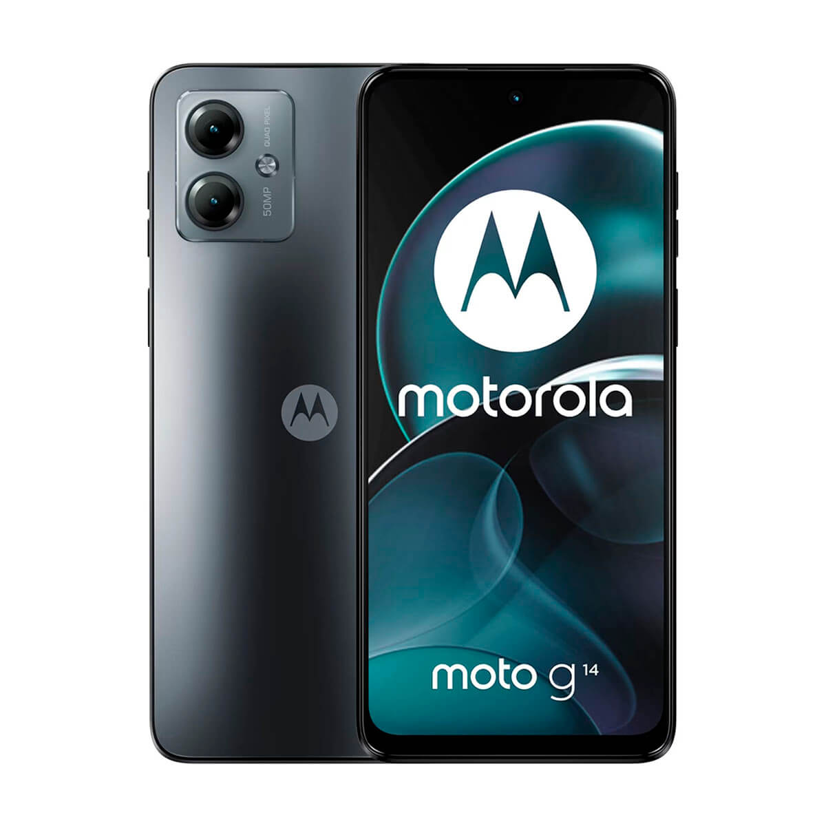 Smartfon Motorola Moto g14. Szary tył z aparatami, a ekran wyświetla logo.