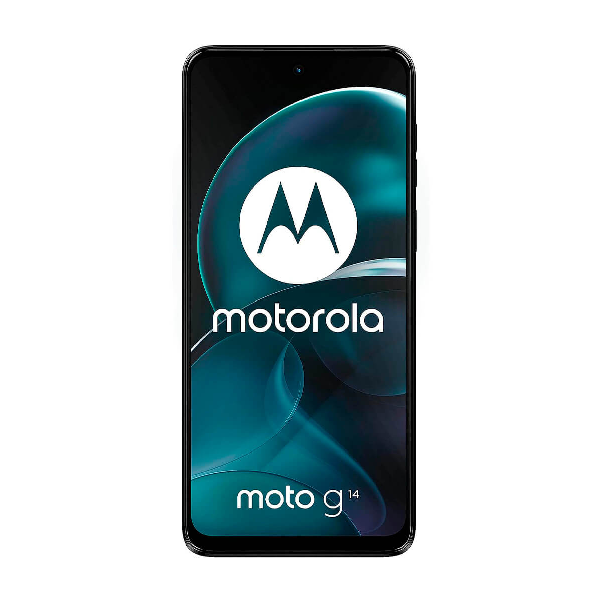 Przód smartfona Motorola Moto g14 na czarnym tle.