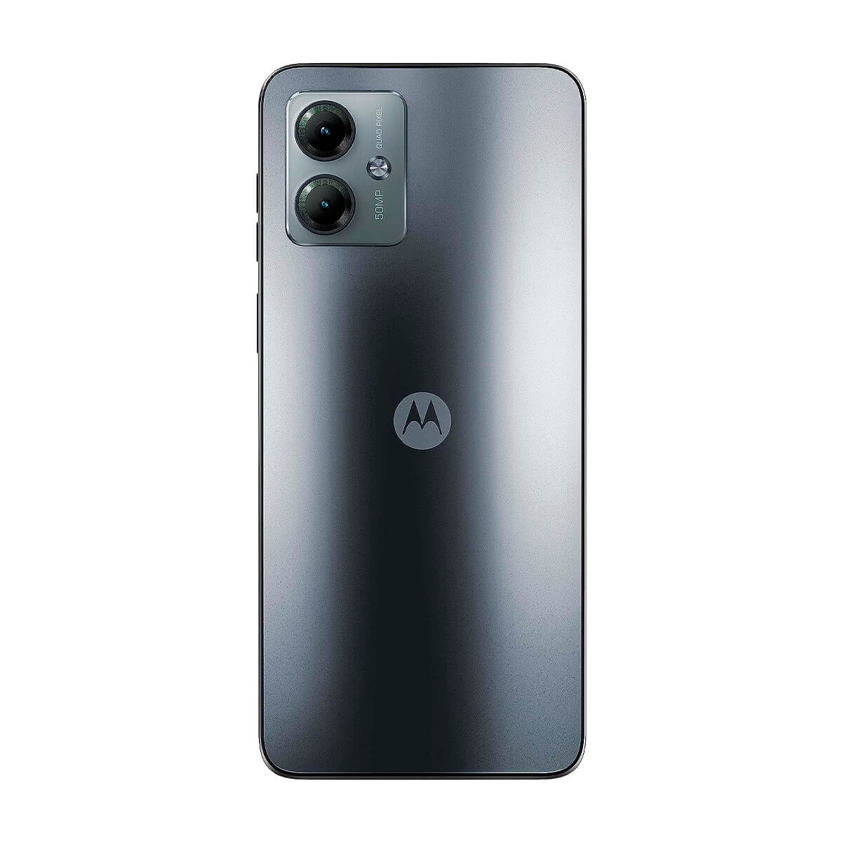 Widoczny jest tył szarego smartfona, z podwójnym obiektywem aparatu i logo Motorola.