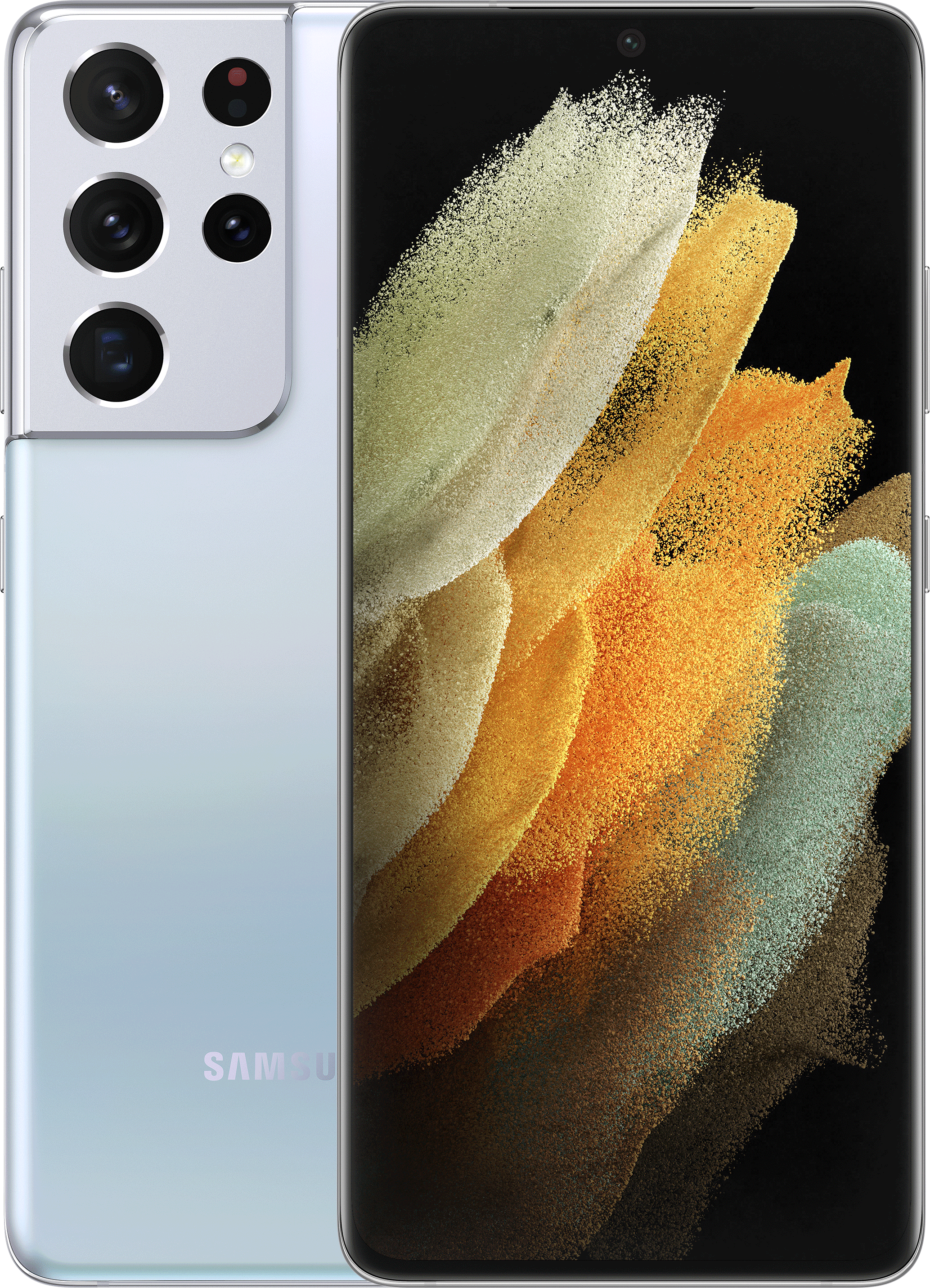 Ein hellblaues Samsung-Handy mit mehreren Kameras, einem schwarzen Bildschirm und einem silbernen Rahmen. Schwarzer Hintergrund.