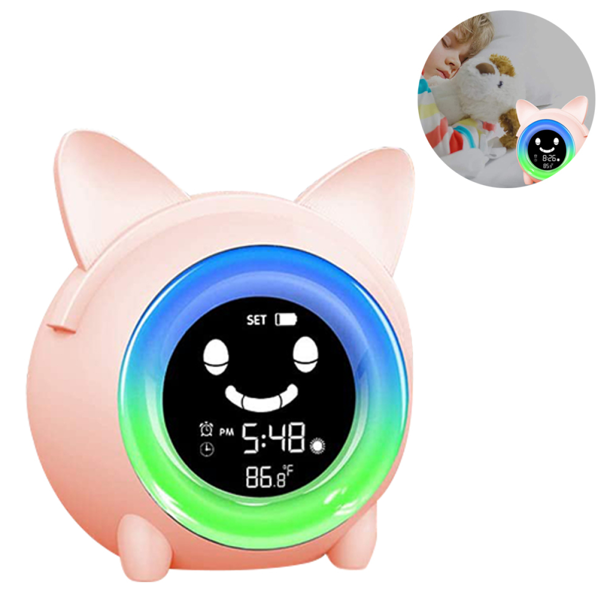 Ein pinkfarbener katzenförmiger Wecker mit farbigem Bildschirm. Zeit und Temperatur.