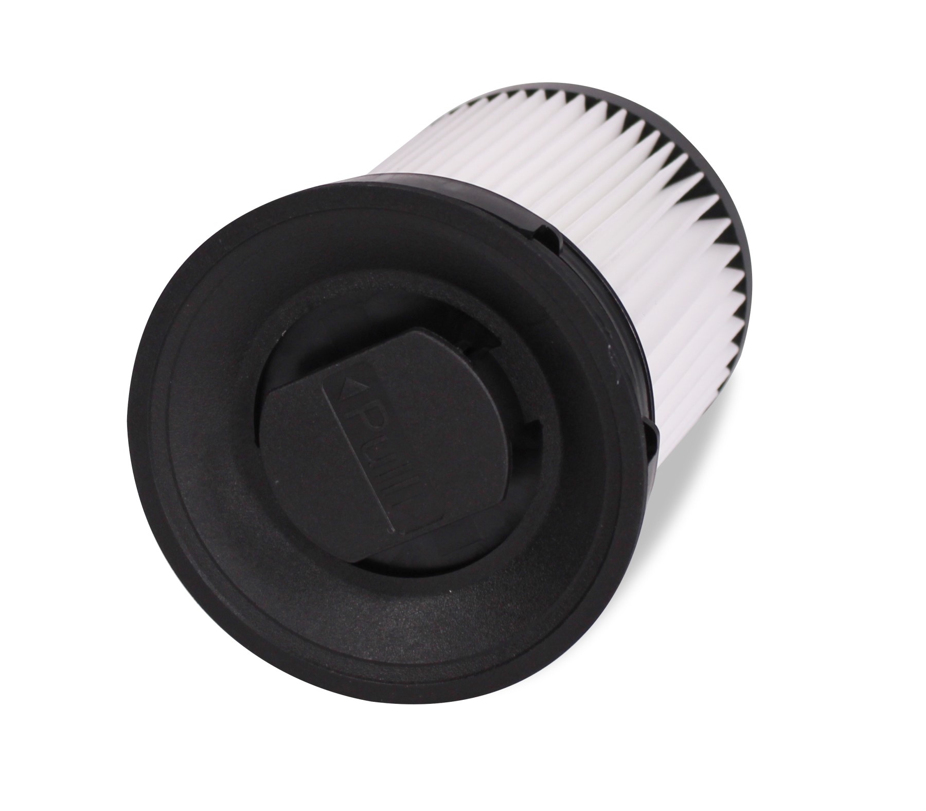 Ein Winkelaufnahme eines Staubsaugerfilters. Der Filter ist weiß mit schwarzem Rand und Kappe.