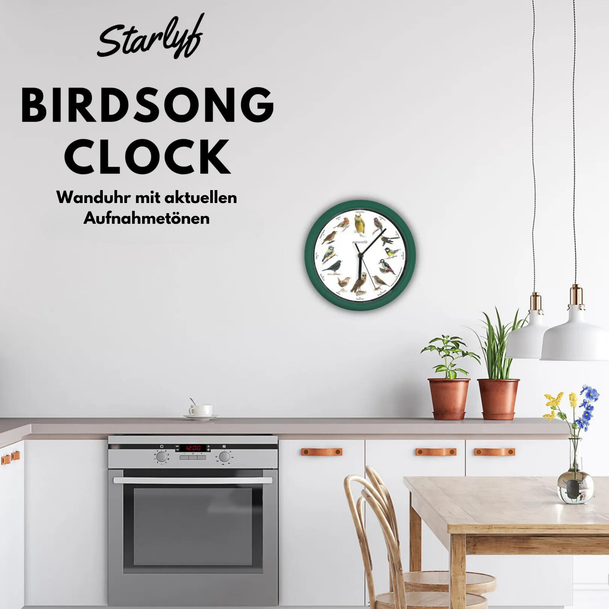 Eine Küchenszene mit Uhr und Tisch. Text 'Birdsong Clock'.