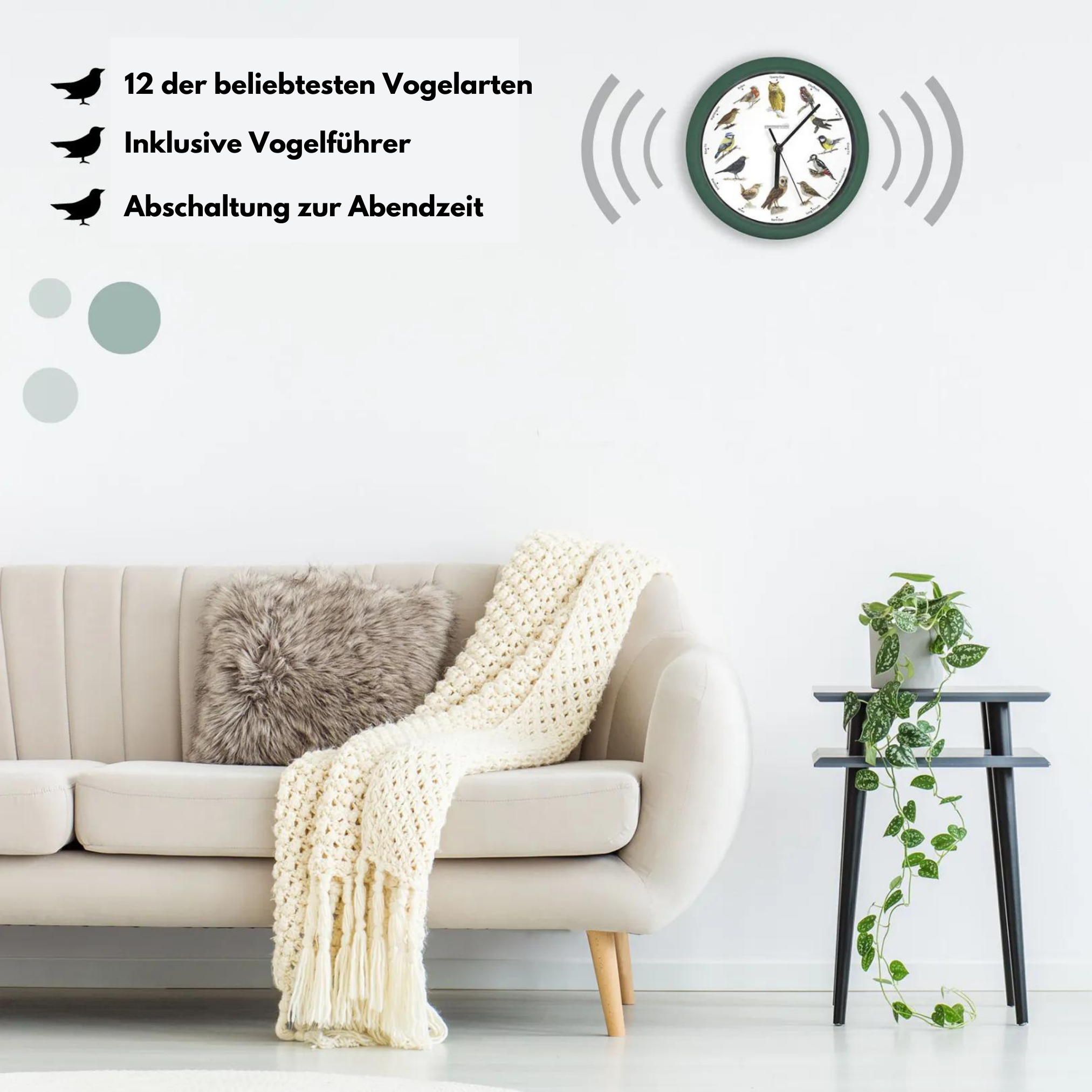 Wanduhr mit Vogelillustrationen und Text. Beiges Sofa und Pflanze rechts.