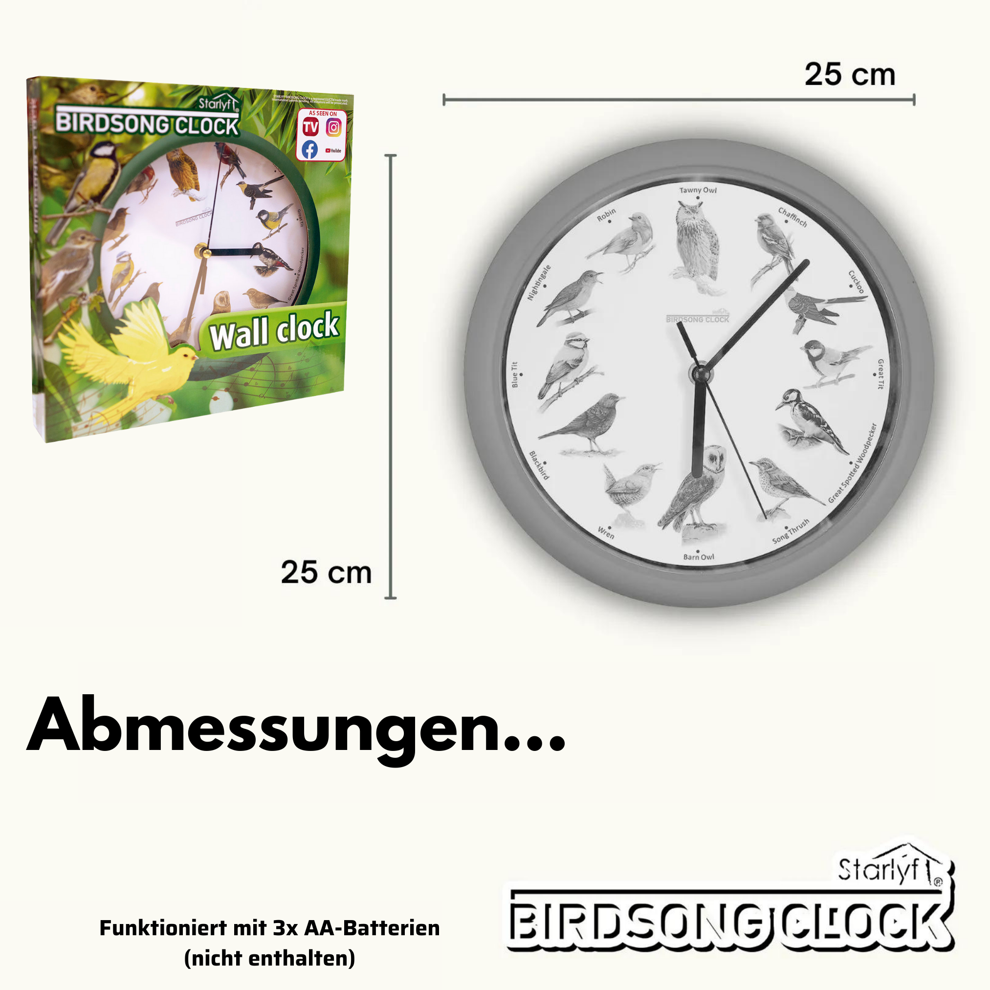 Eine Wanduhr mit Vogelillustrationen auf weißem Hintergrund, neben einer Produktverpackung. Maße: 25 cm.