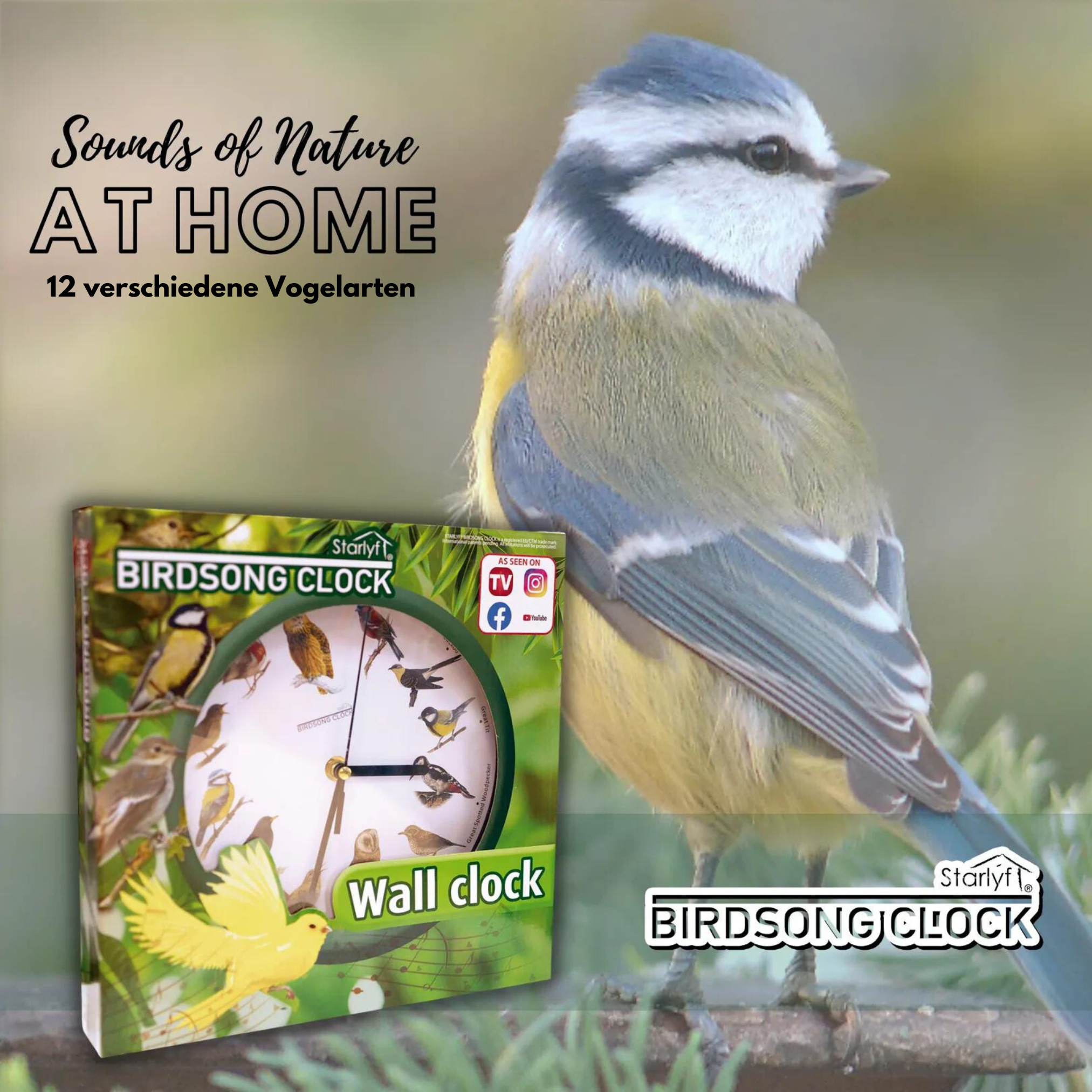 Ein Vogel und eine Uhr mit Vögeln. Text: 'Sounds of Nature AT HOME' und 'BIRSONG CLOCK'.