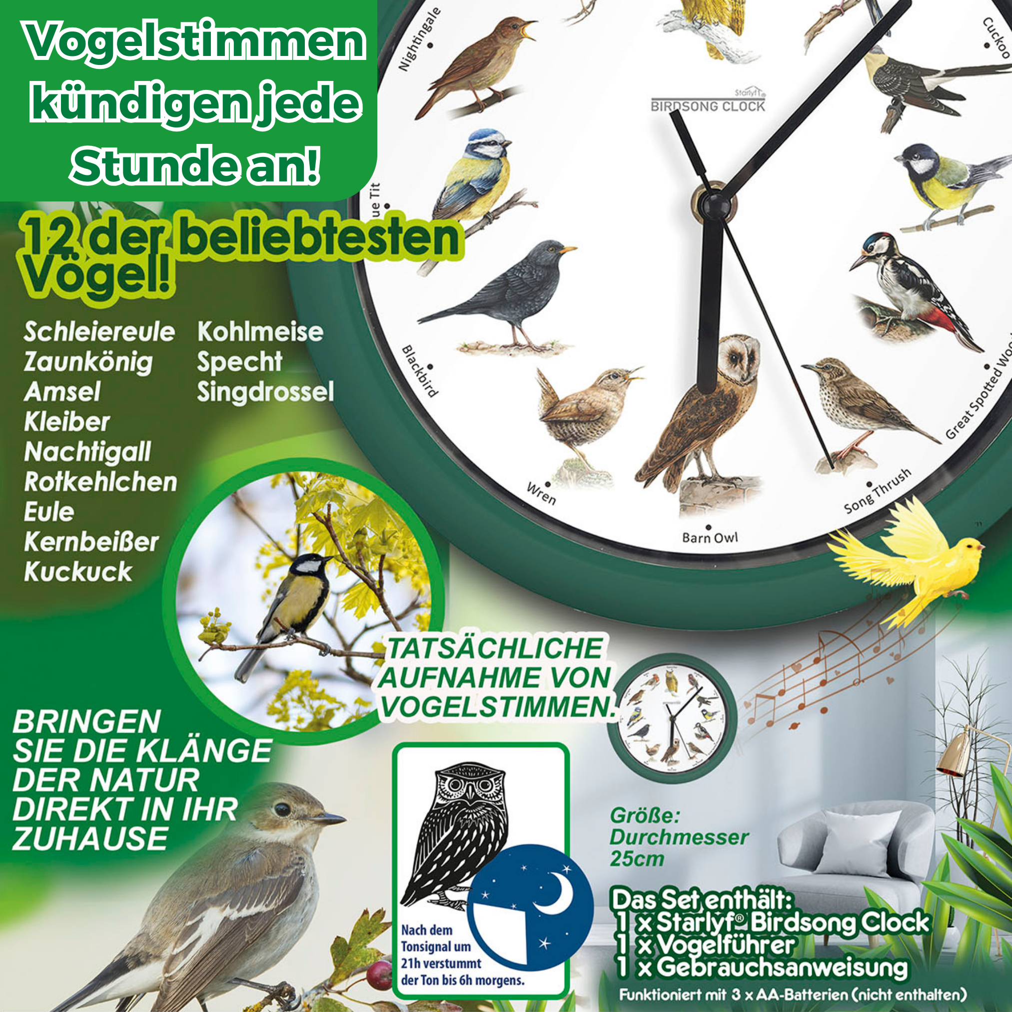 Eine Wanduhr mit Vogelillustrationen und deutschem Text über Vogelgesang.