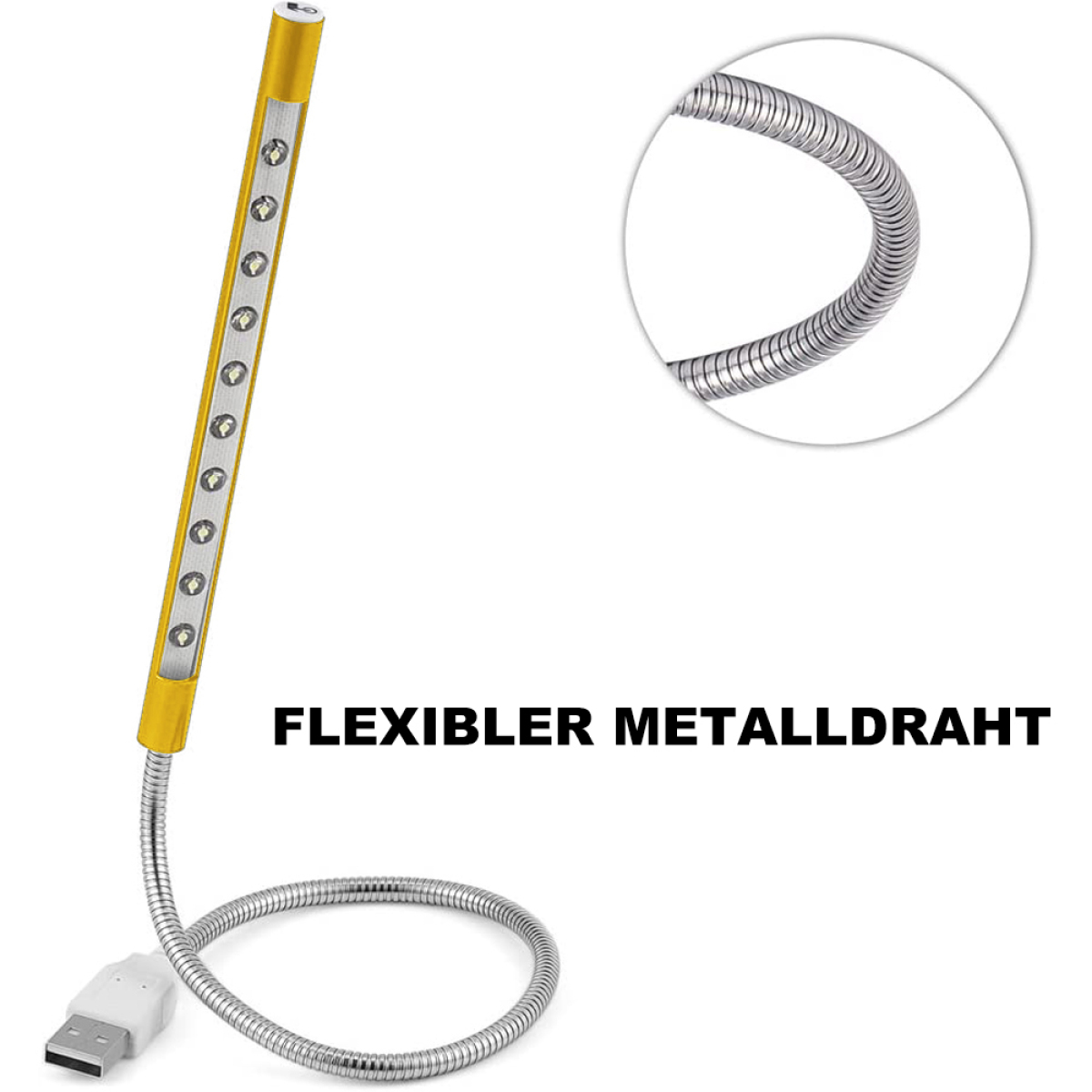 Eine flexible LED-Leuchte mit USB-Anschluss. Der Text auf dem Bild lautet: FLEXIBLER METALLDRAHT