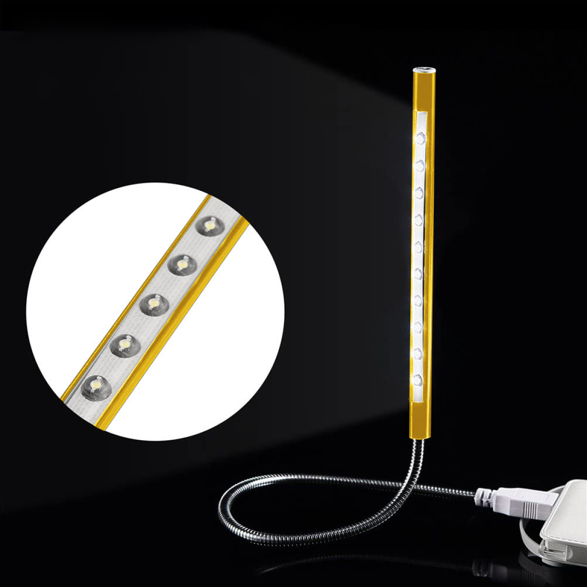 Eine goldene LED-Leuchte mit flexiblem Metallhals. Eine Nahaufnahme zeigt die LEDs.