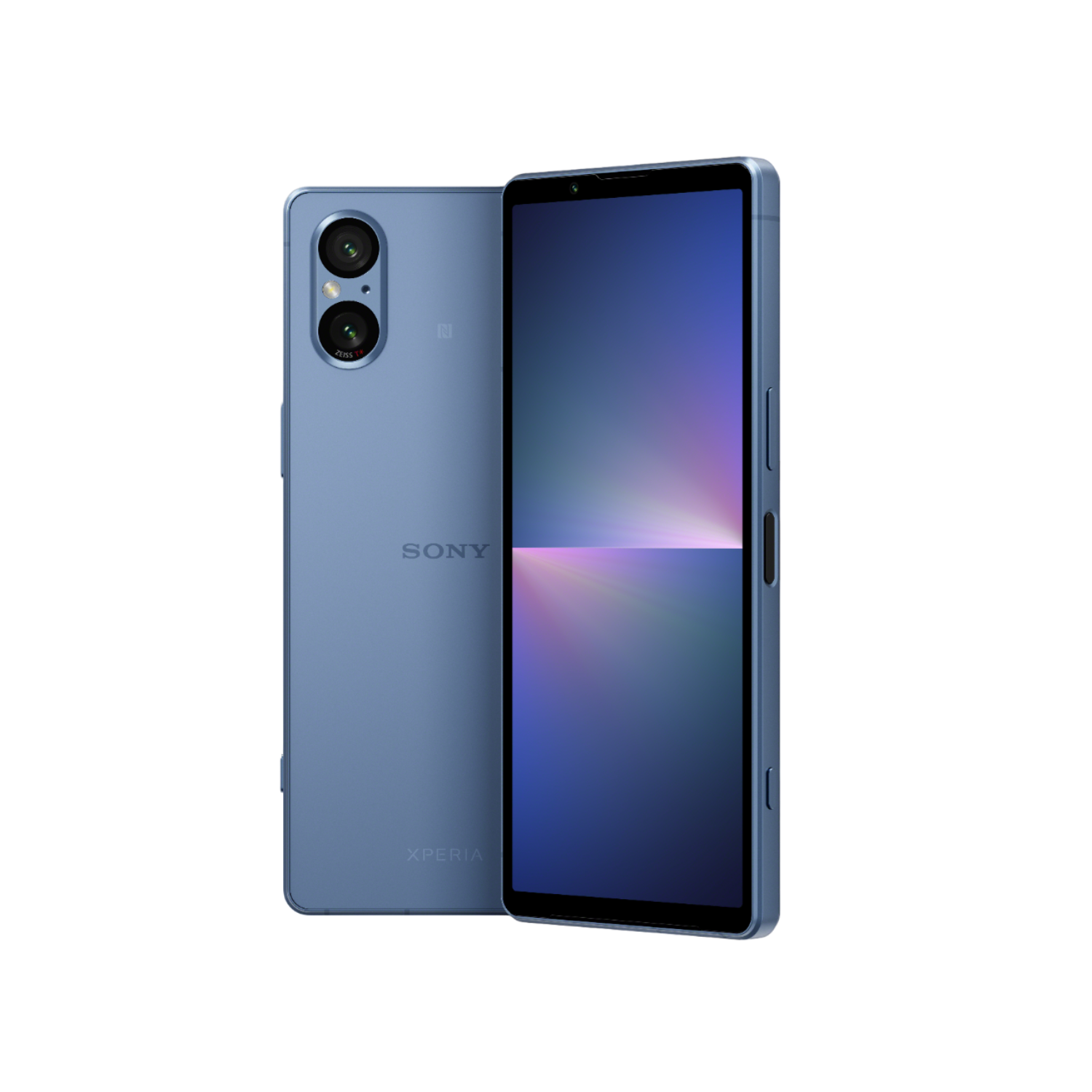 Ein blaues Sony Xperia-Telefon, das die Rückseite mit Kameras und eine Frontbildschirmanzeige zeigt.