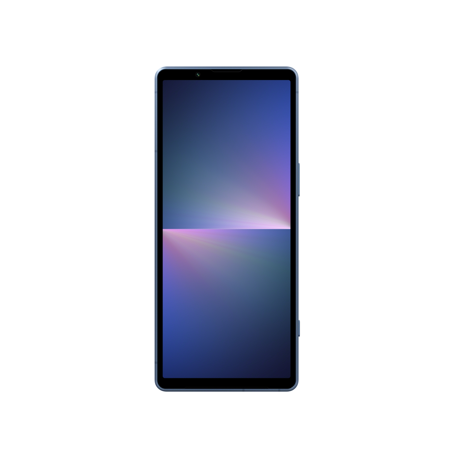 Ein blaues Tablet mit einem Display, das einen bunten Farbverlauf zeigt, auf Weiß.