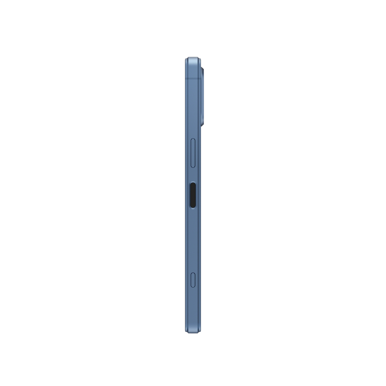 Seitenansicht eines blauen Telefons. Die Seite hat Knöpfe.