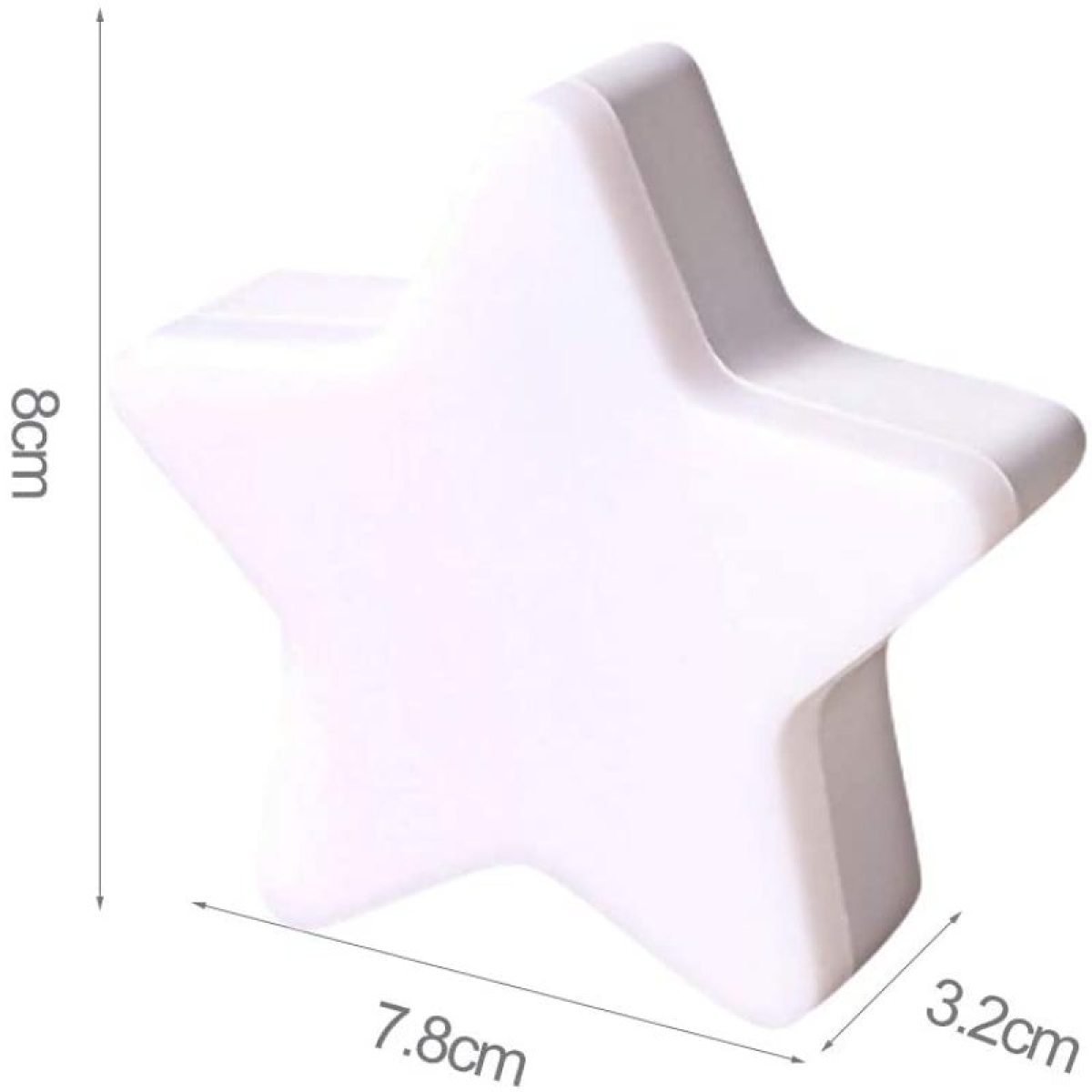 Weißes sternförmiges Nachtlicht mit den Maßen: 8 cm, 7,8 cm, 3,2 cm.