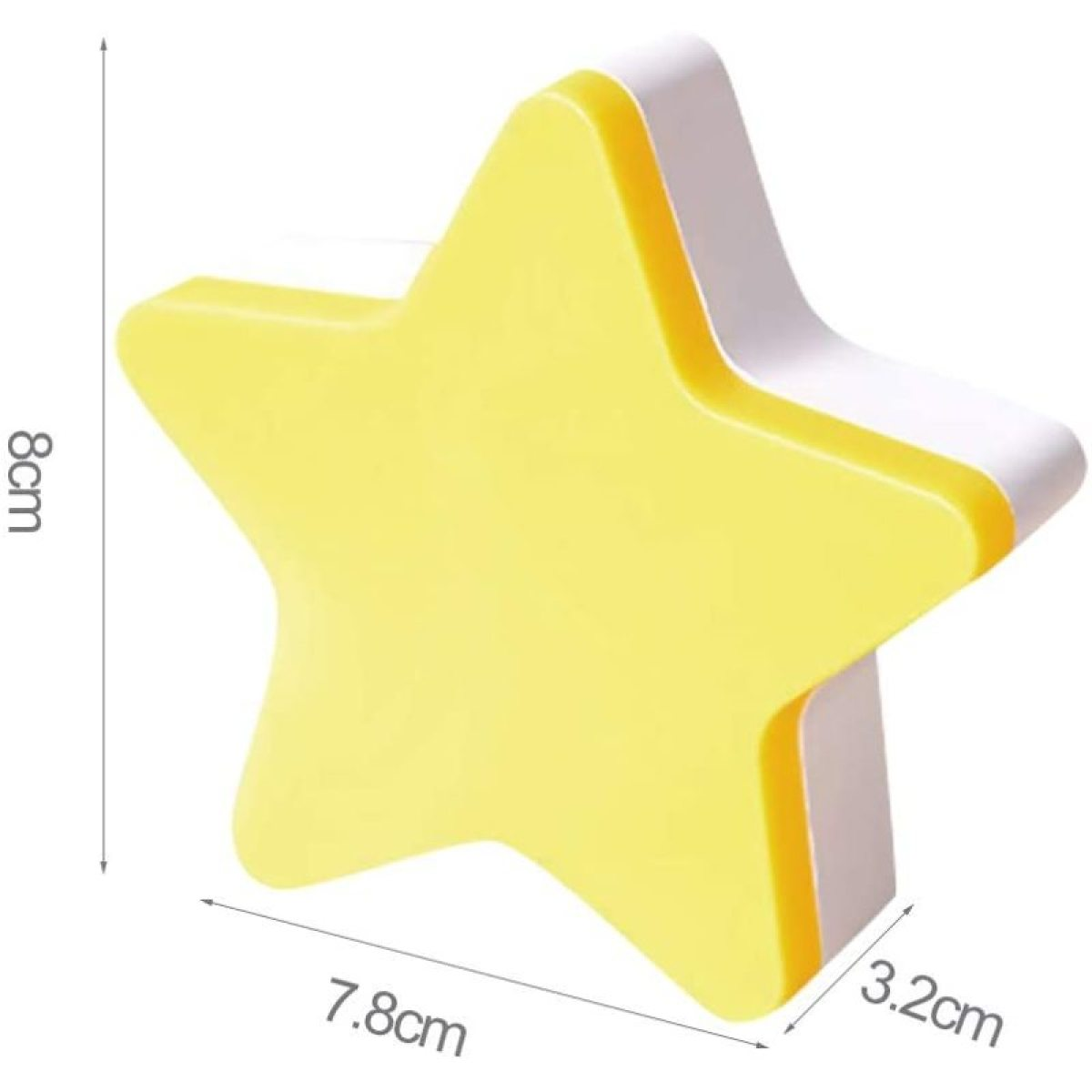 Gelbes sternförmiges Licht. Weißer Rand. Abmessungen: 8 cm hoch, 7,8 cm breit, 3,2 cm tief.