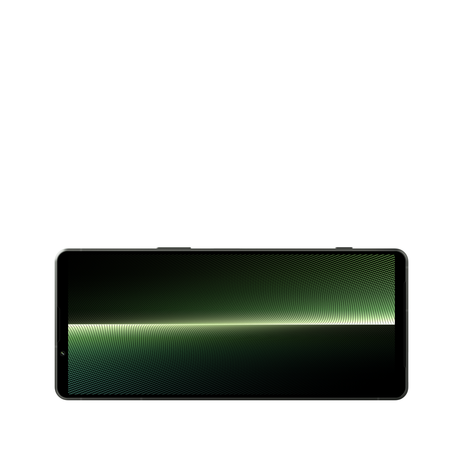 Schwarzer Smartphone-Bildschirm mit grünem Wellenmuster. Der Bildschirm ist eingeschaltet und zeigt das Design.