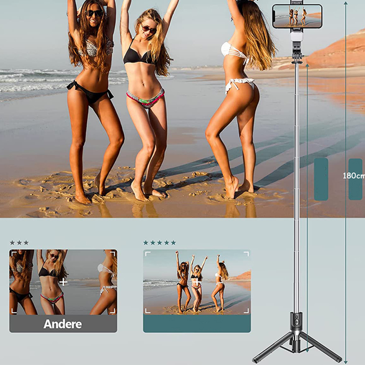 Drei Frauen am Strand mit einem Selfie-Stick. Zusätzliche Fotos in der unteren linken Ecke.