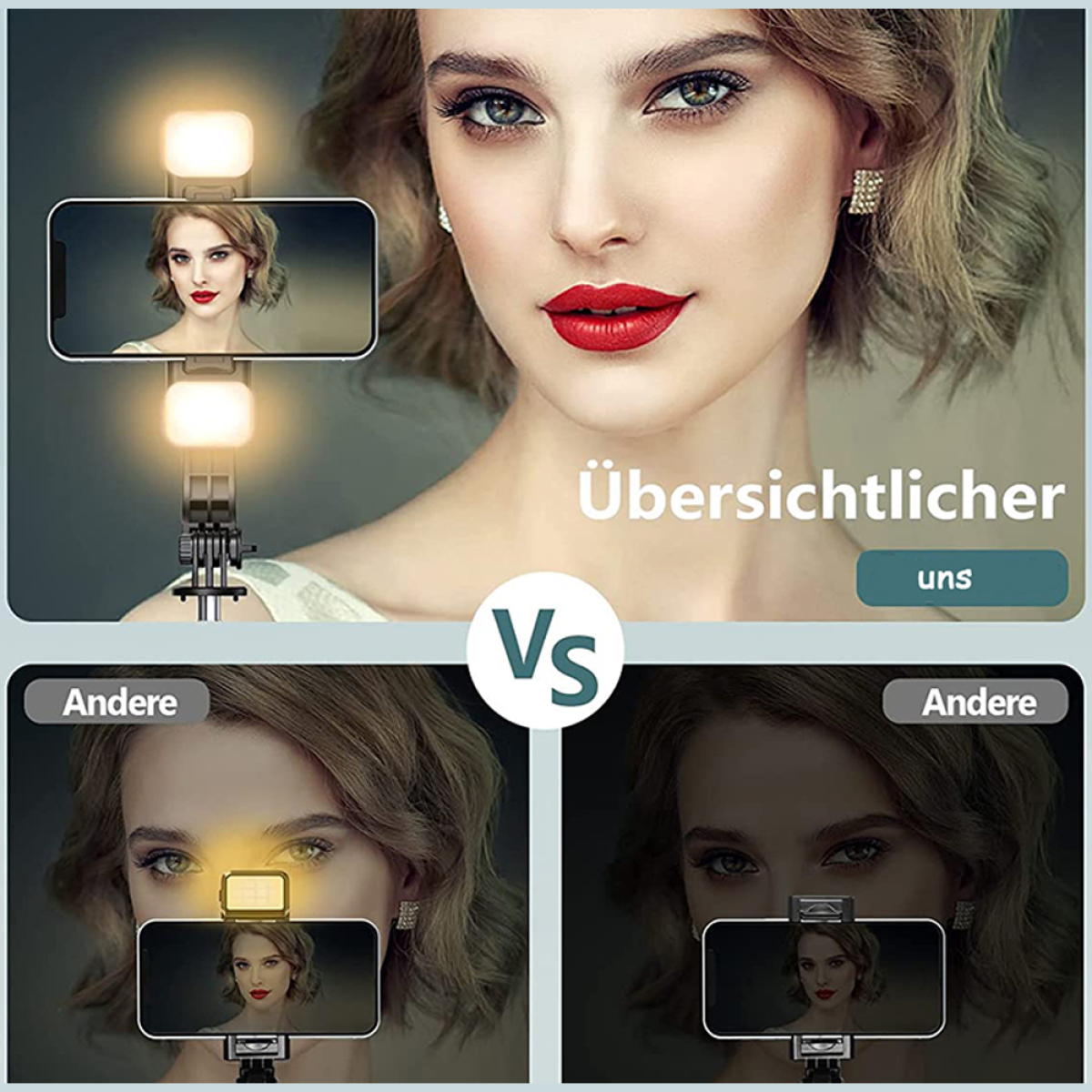 Frau mit hellem Licht am Telefon vs. dunklere Beleuchtung. Rote Lippen, helle Haut. Vergleich.