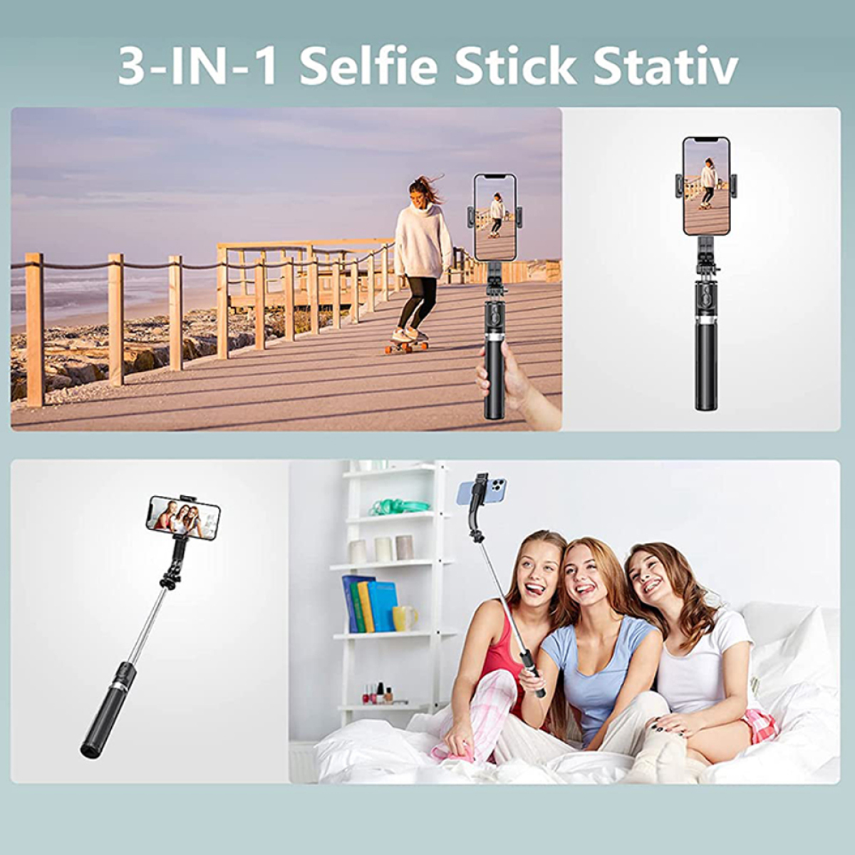 Ein 3-in-1 Selfie-Stick-Stativ mit einer Frau beim Skateboardfahren, einem Telefon und drei Frauen.
