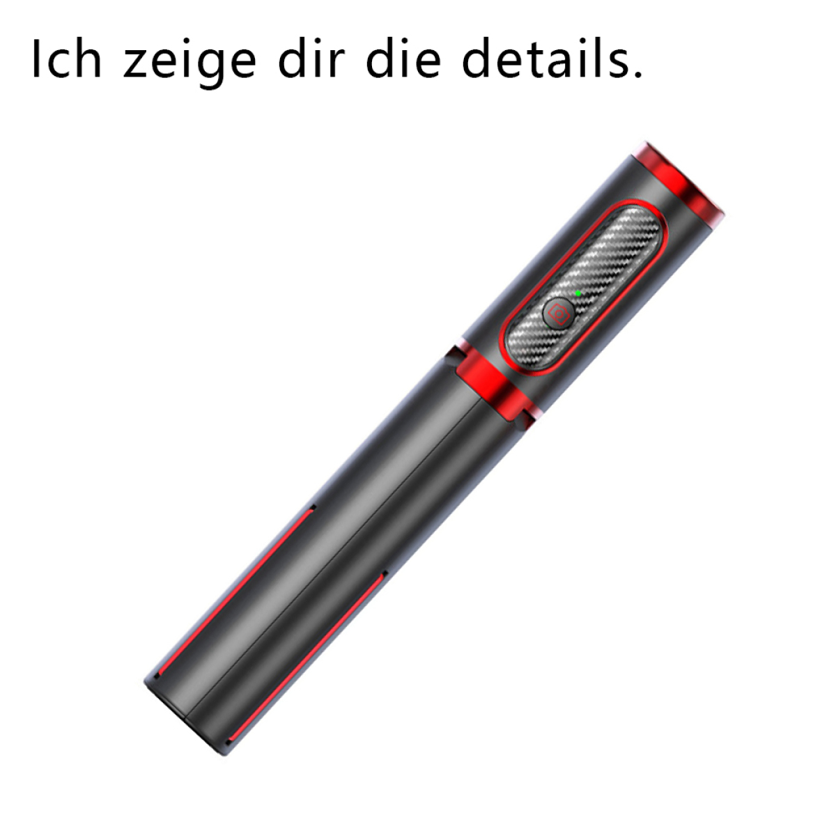 Ein schwarz-roter Selfie-Stick. Text auf dem Bild: „Ich zeige dir die details“.
