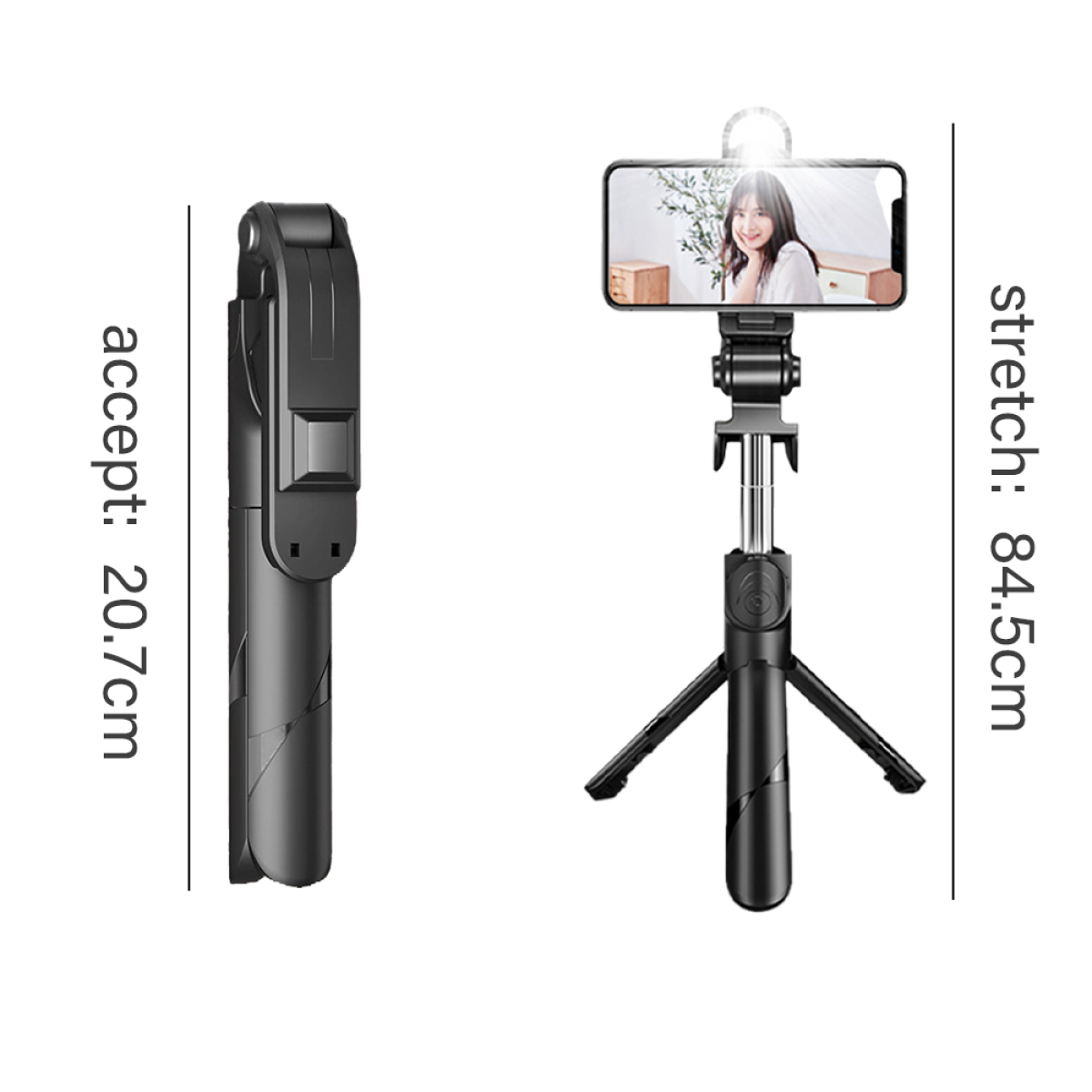 Schwarzer Selfie-Stick, gefaltet und ausgezogen, mit Handy, das eine Frau zeigt.